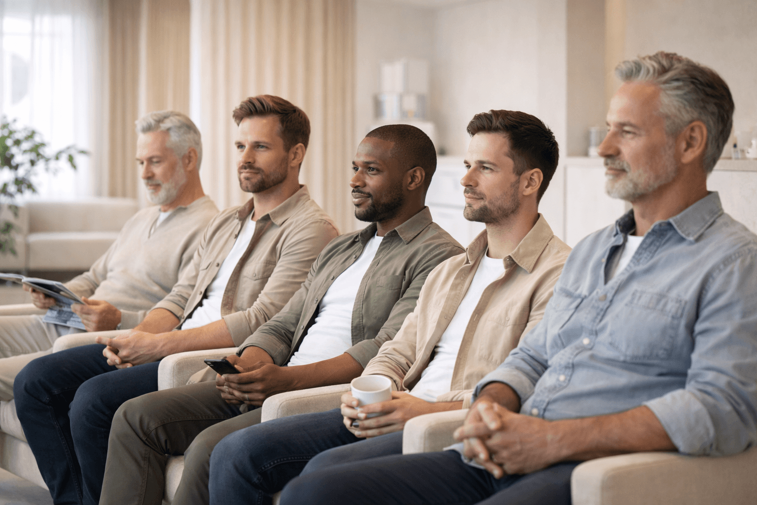 homens na sala de espera da clínica estética