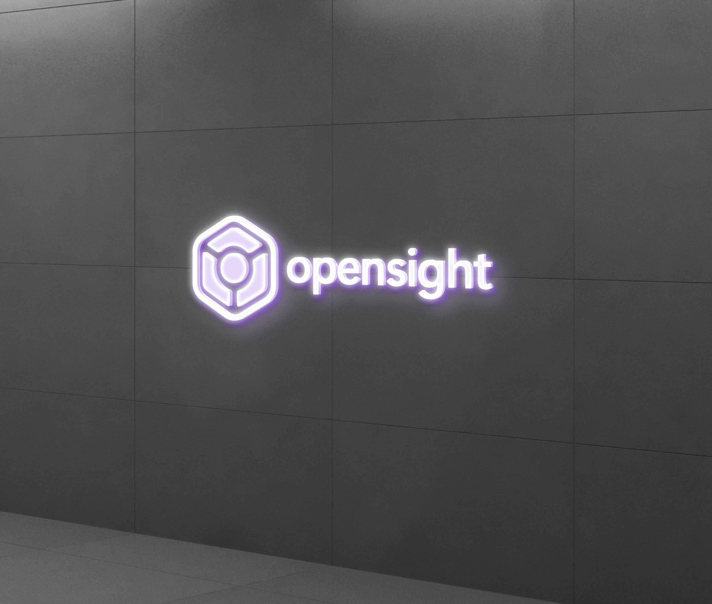 Neon Opensight logo signage on office building