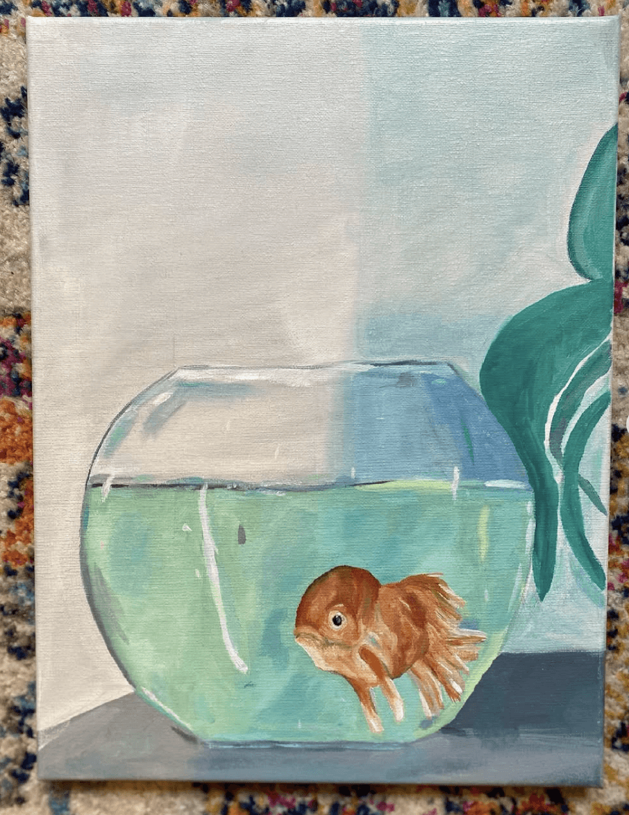 Painting of a goldfish in a bowl on a green surface