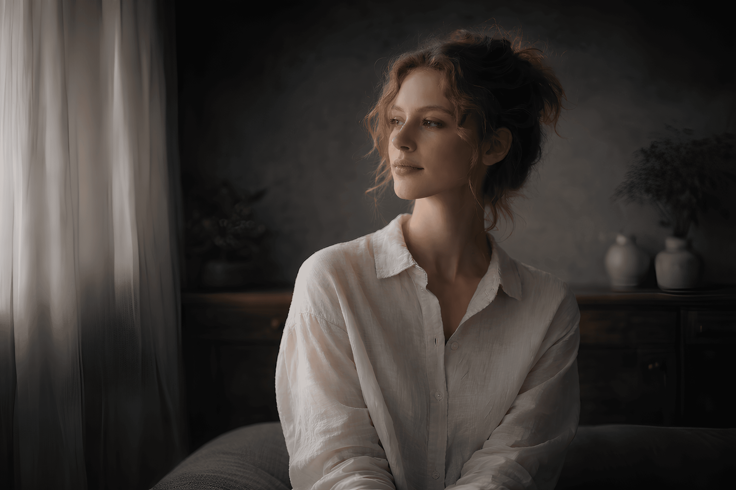 Portrait of a woman seated indoors, softly lit from the side, looking away from the camera against a dark, blurred background.