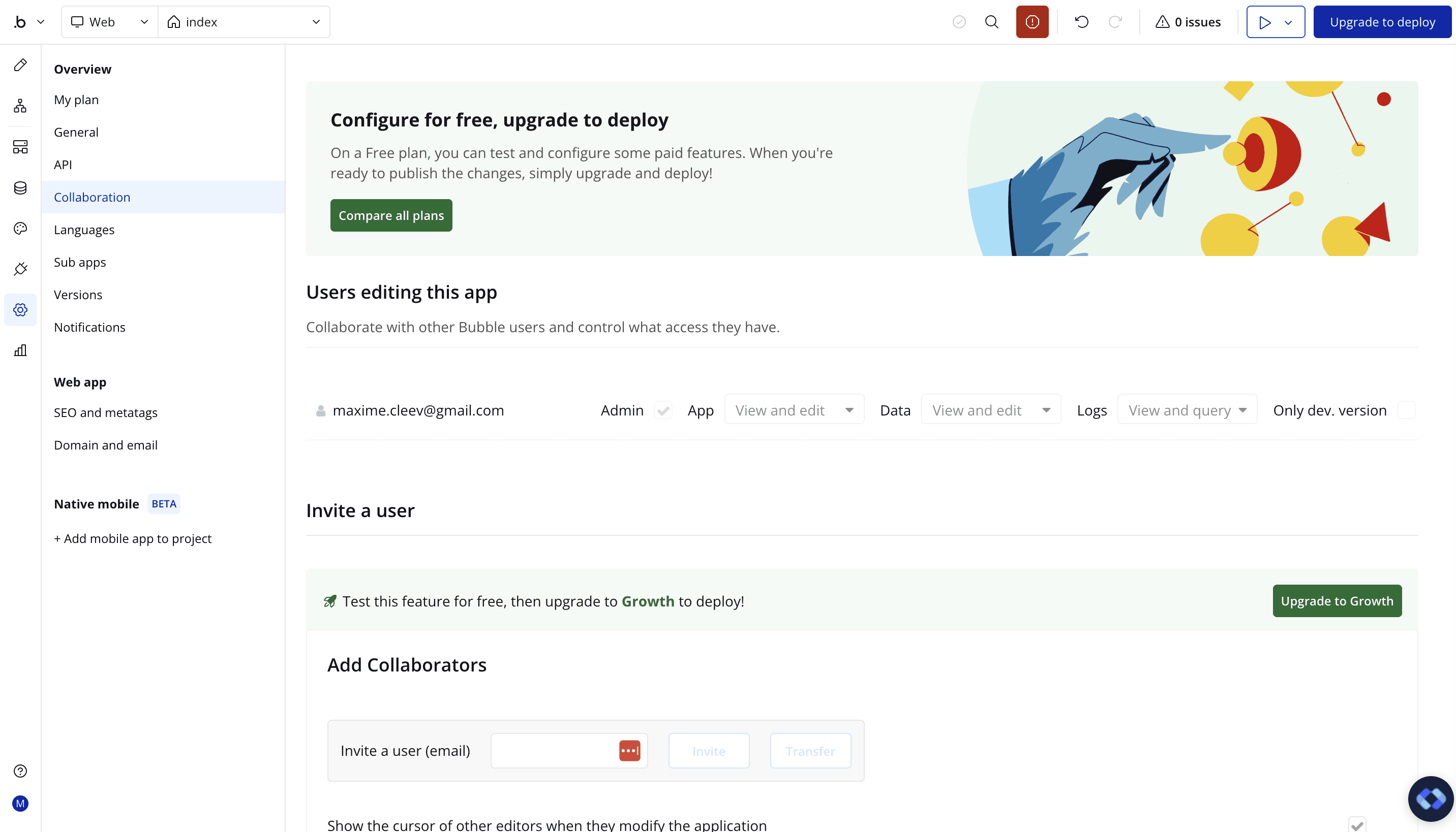 Onglet collaboration dans les settings Bubble