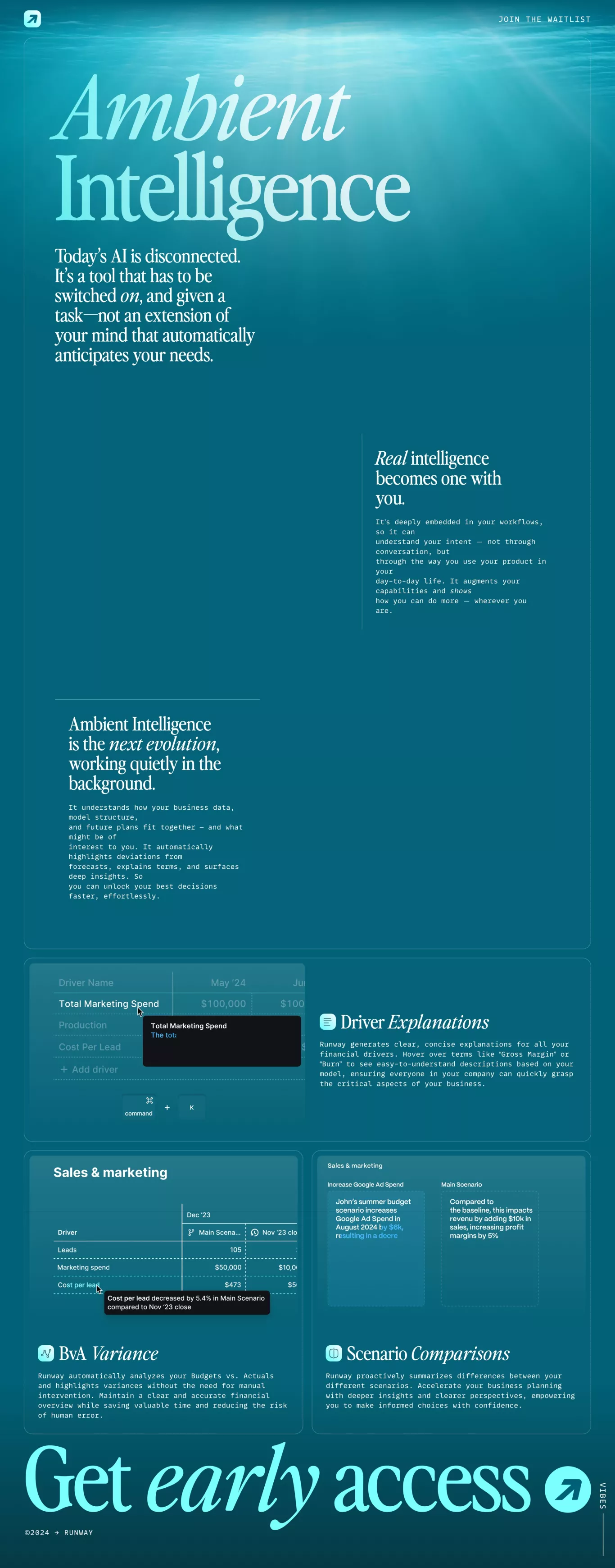 Runway AI: Ambient Intelligence for Info landing page screenshot showcasing Tech and Marketing design