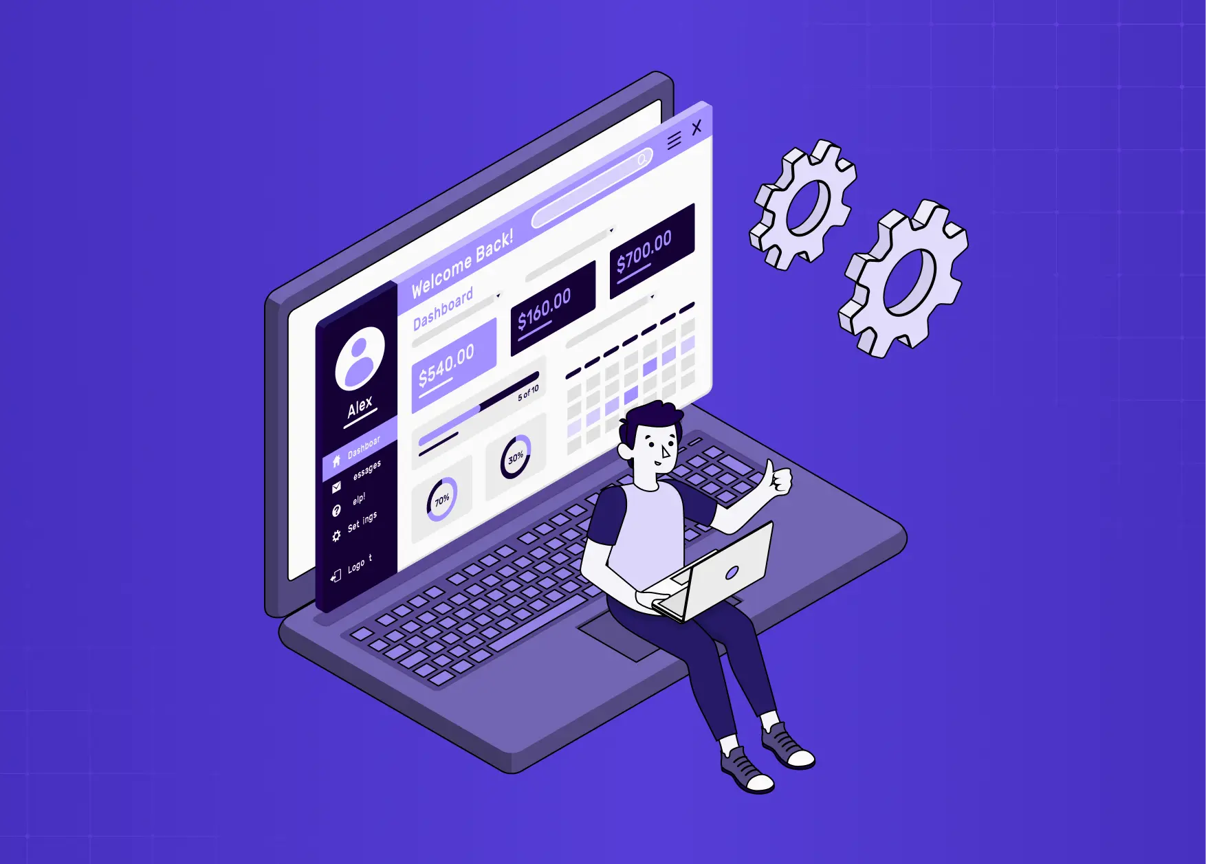 Illustration of a user interacting with an AI-powered analytics dashboard featuring automation, monitoring, and workflow management tools.