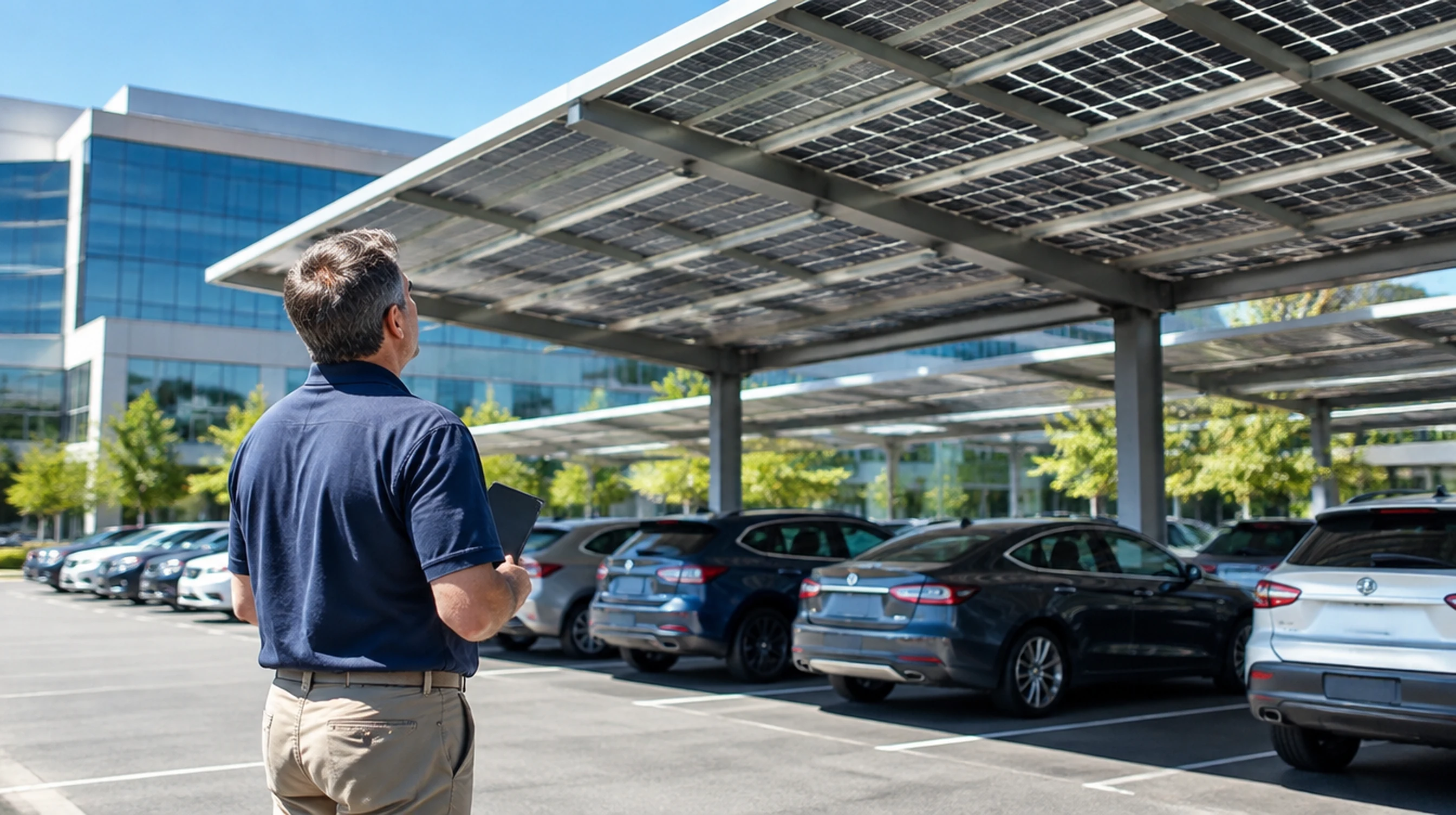 Solar carports over a corporate office parking lot