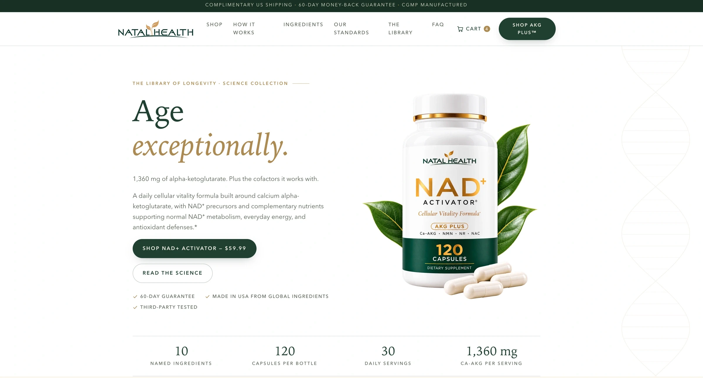 Natal Health — NAD+ product website in ivory, forest green and gold.