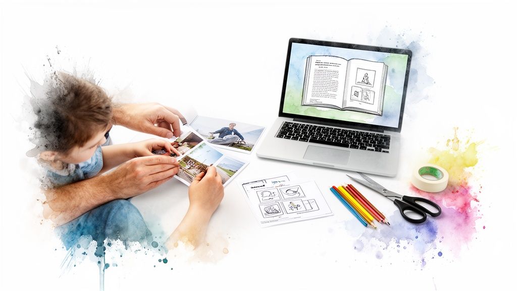 Child and adult creating a photo album with pictures, alongside a laptop and craft supplies.