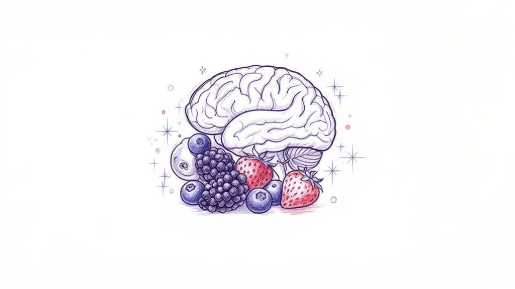 An illustration of a human brain surrounded by blueberries, blackberries, and strawberries, symbolizing brain-healthy foods.