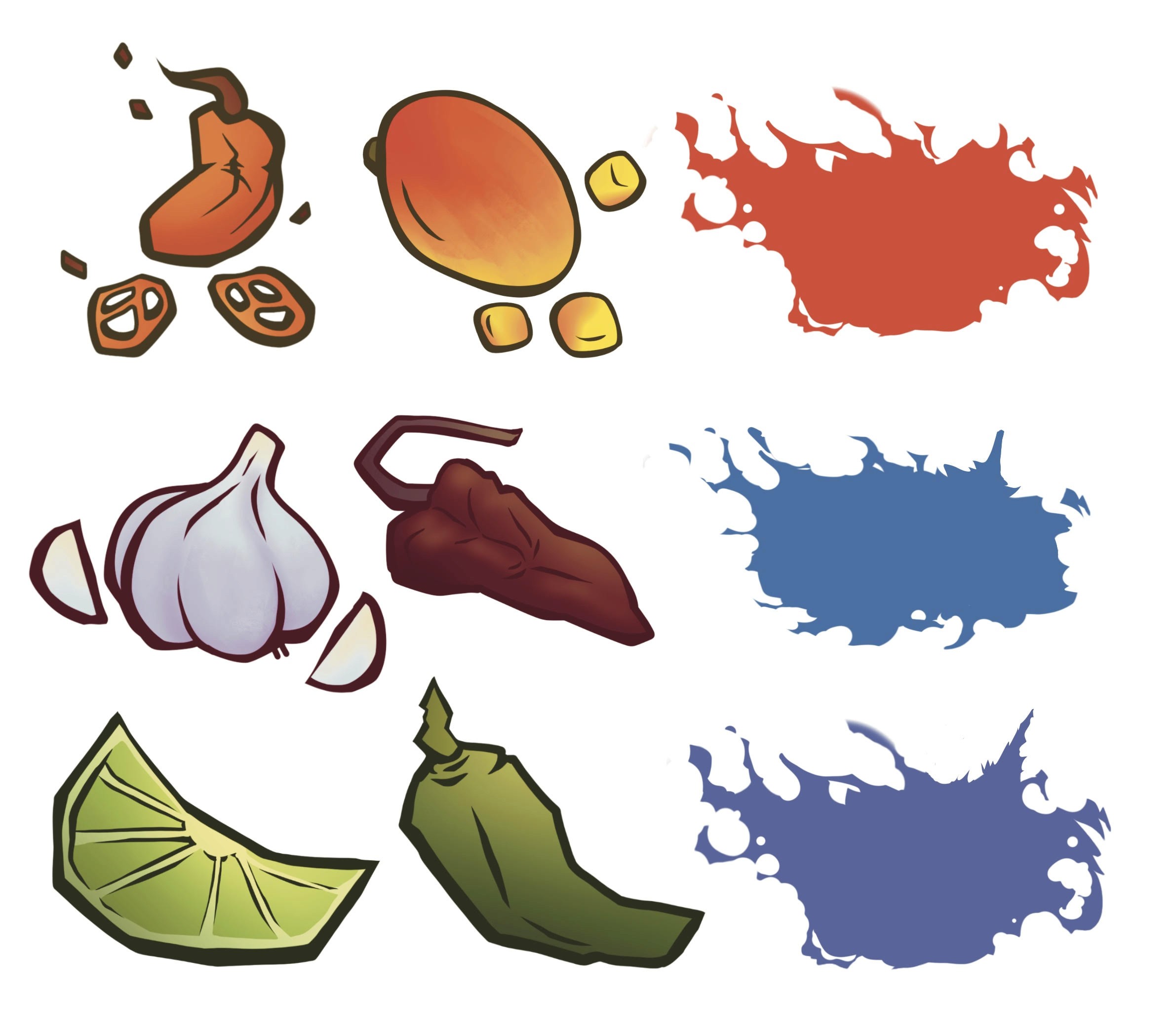 All illustrations relating to the chip's flacor cues. Includes mango, habanero peppers, garlic, chipotle peppers, jalapeno peppers, and lime.