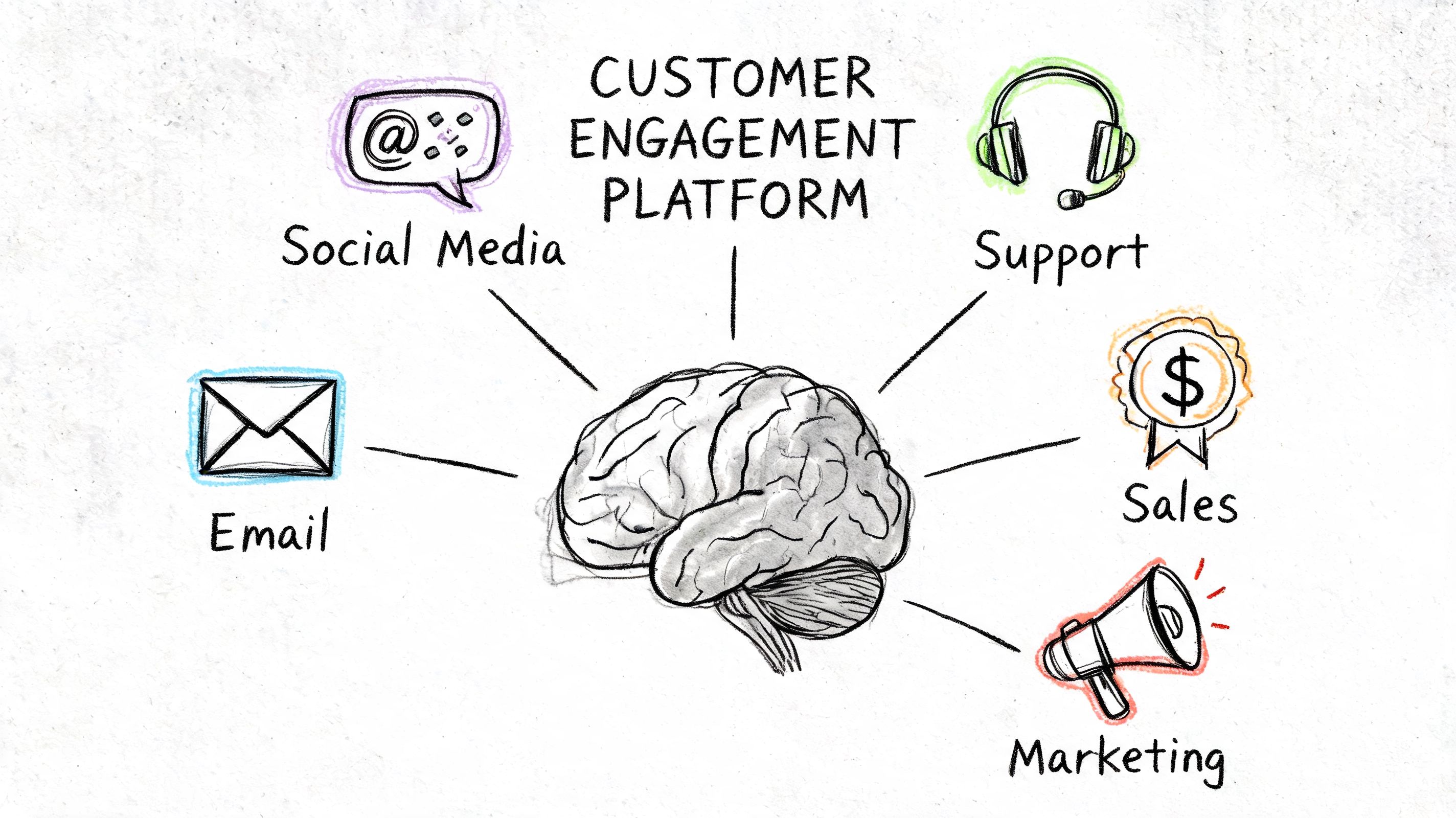 A hand-drawn illustration showing a central human brain connected to icons for social media, email, support, sales, and marketing.