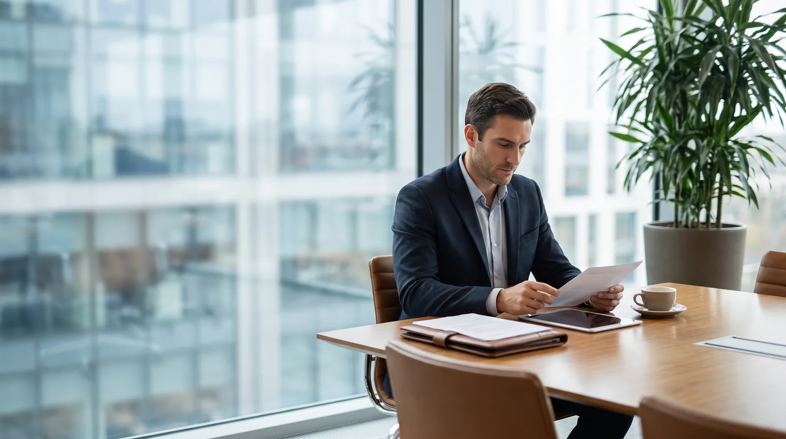 Canadian founder planning a Dubai company setup at a modern desk with the skyline behind