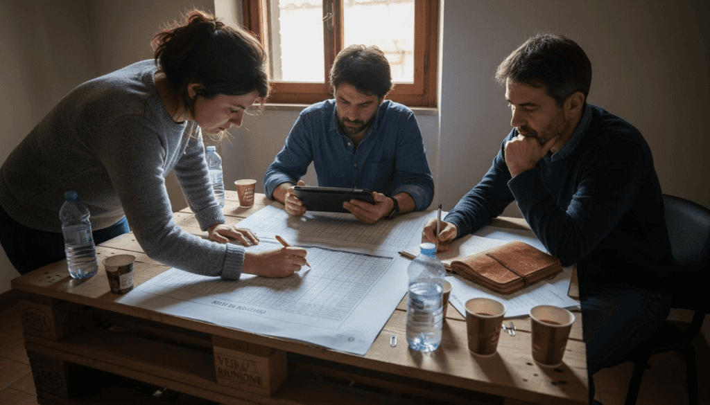 Il team si confronta analizzando la matrice dei rischi stampata su carta.