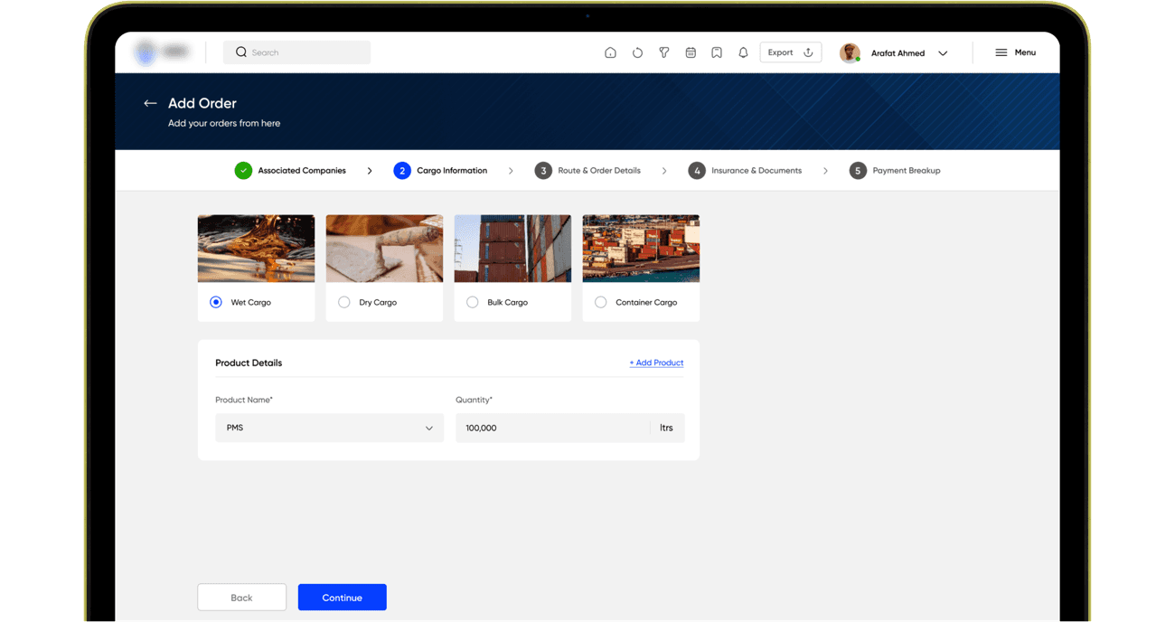 Add Order — cargo type selection cards