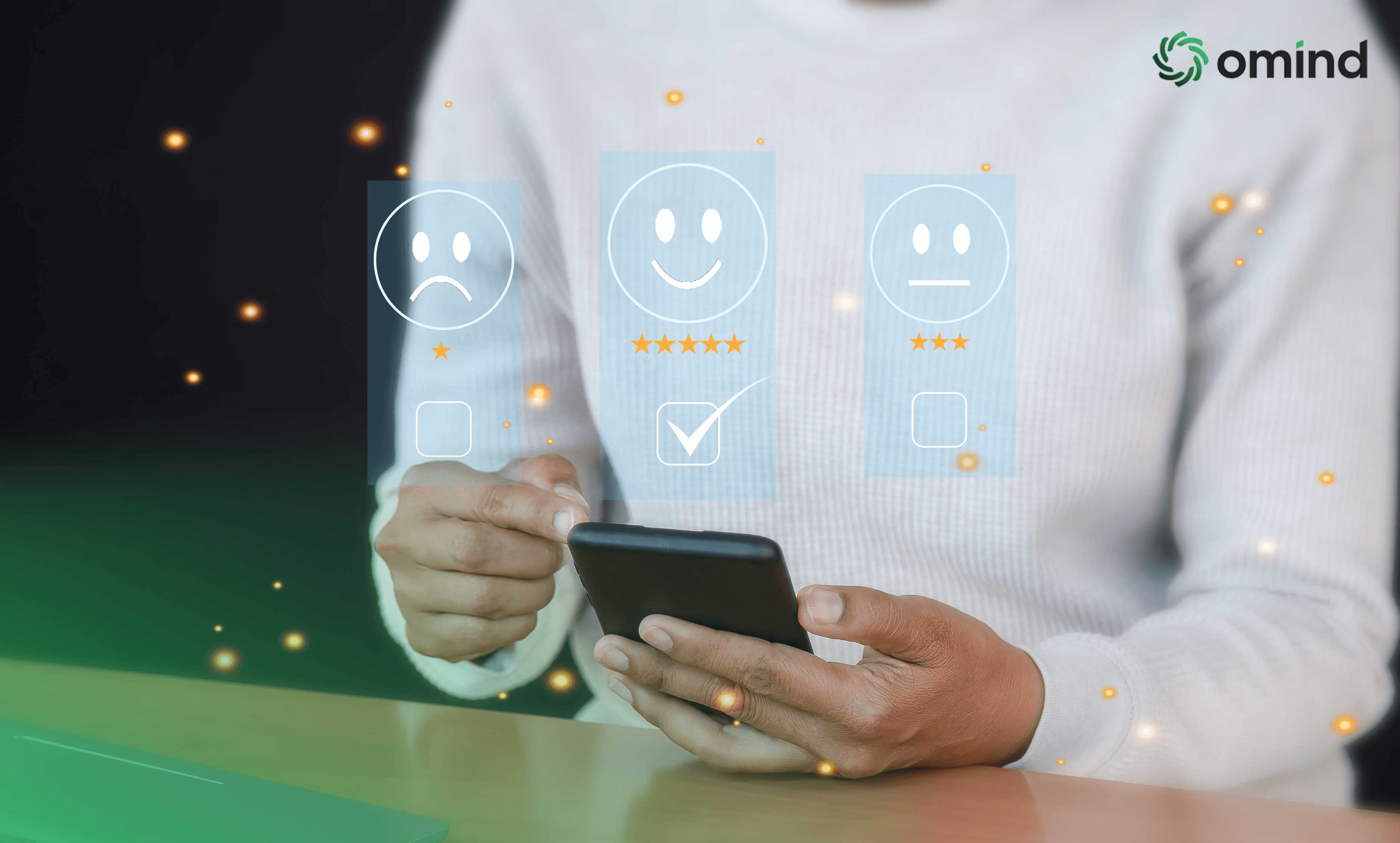 A person interacting with a smartphone, rating their experience with emoticons representing different levels of satisfaction.