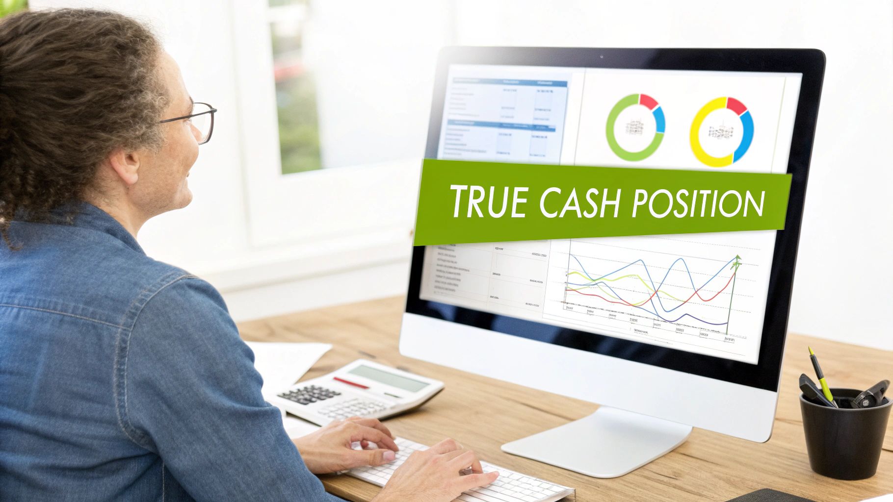 A split-screen showing a cluttered desk with invoices versus a clean dashboard with real-time cash flow, symbolizing the shift from manual to automated reconciliation.