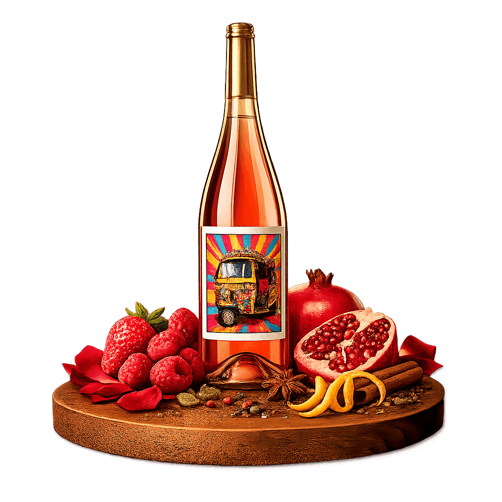 Artistic label and flavor profile for Indian Rosé on a rustic wooden table.