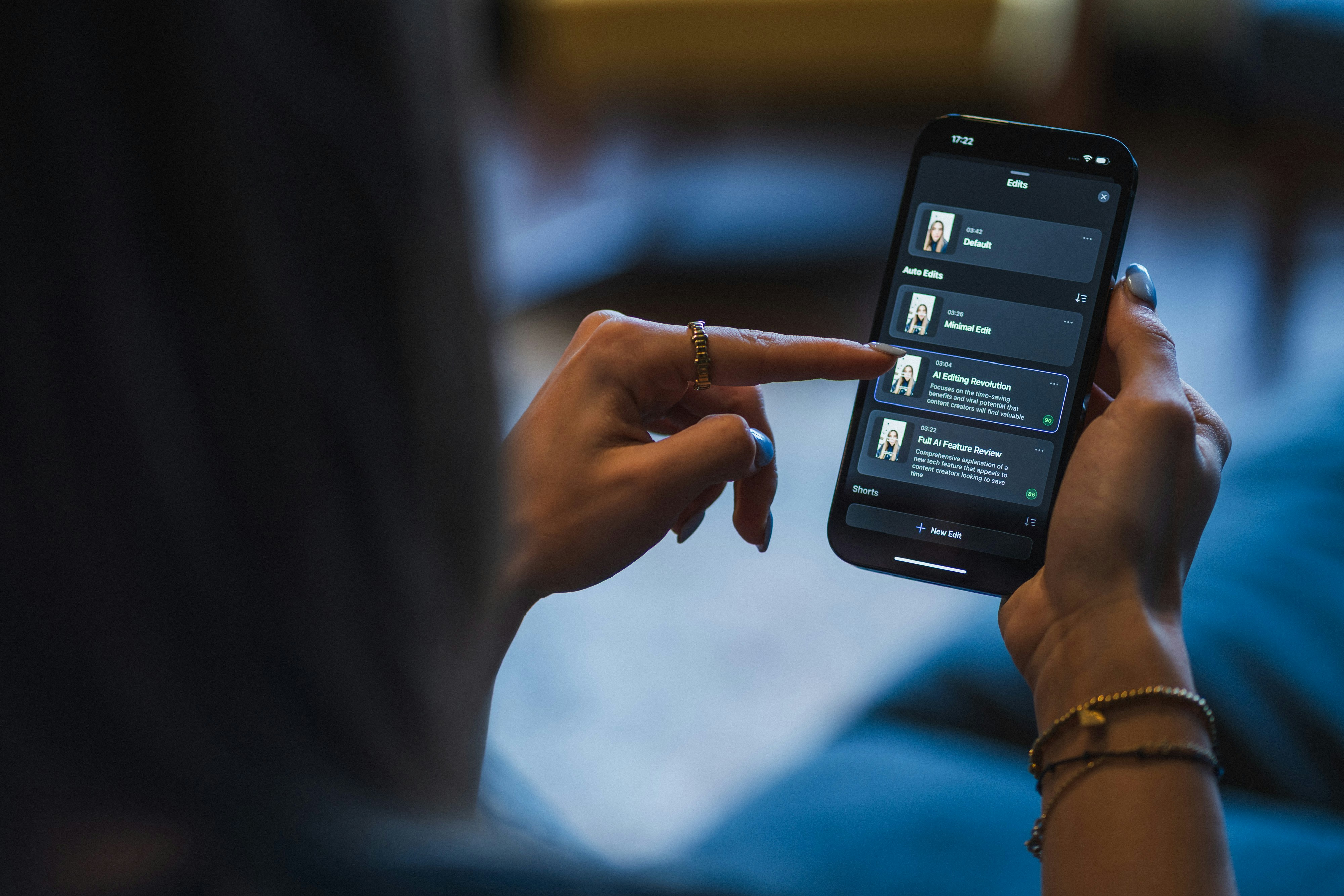 Woman using a smartphone with a smart home app.
