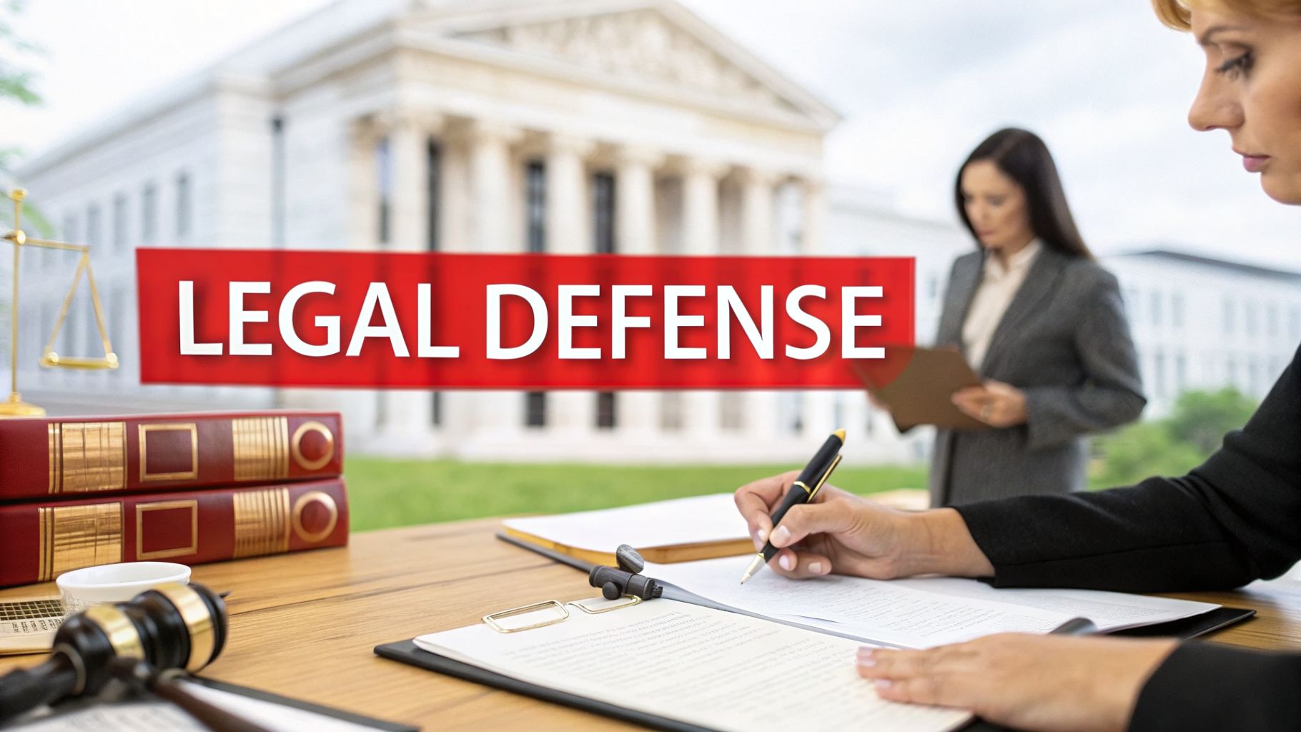 Lawyers working in a legal setting with a 'LEGAL DEFENSE' banner, books, and scales of justice.