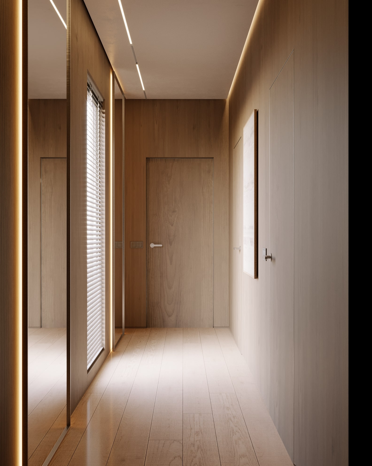 Modern hallway with wood paneling, recessed lighting, and a mirror wall. Soft lighting and neutral tones create a warm atmosphere.