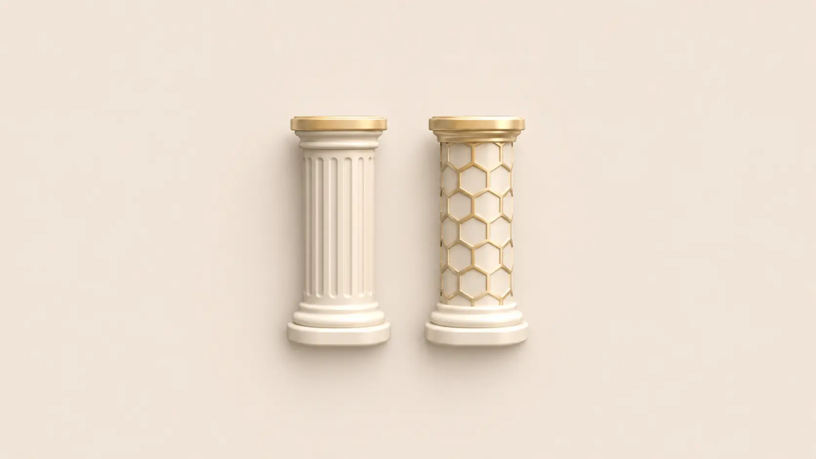 Neumorphic classical and hexagonal pillars on cream canvas representing the comparison between RWA vault yield and traditional fixed income in 2026