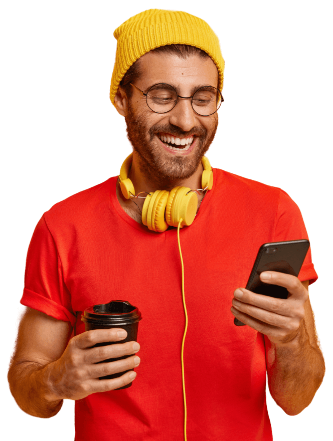 Happy man on his phone