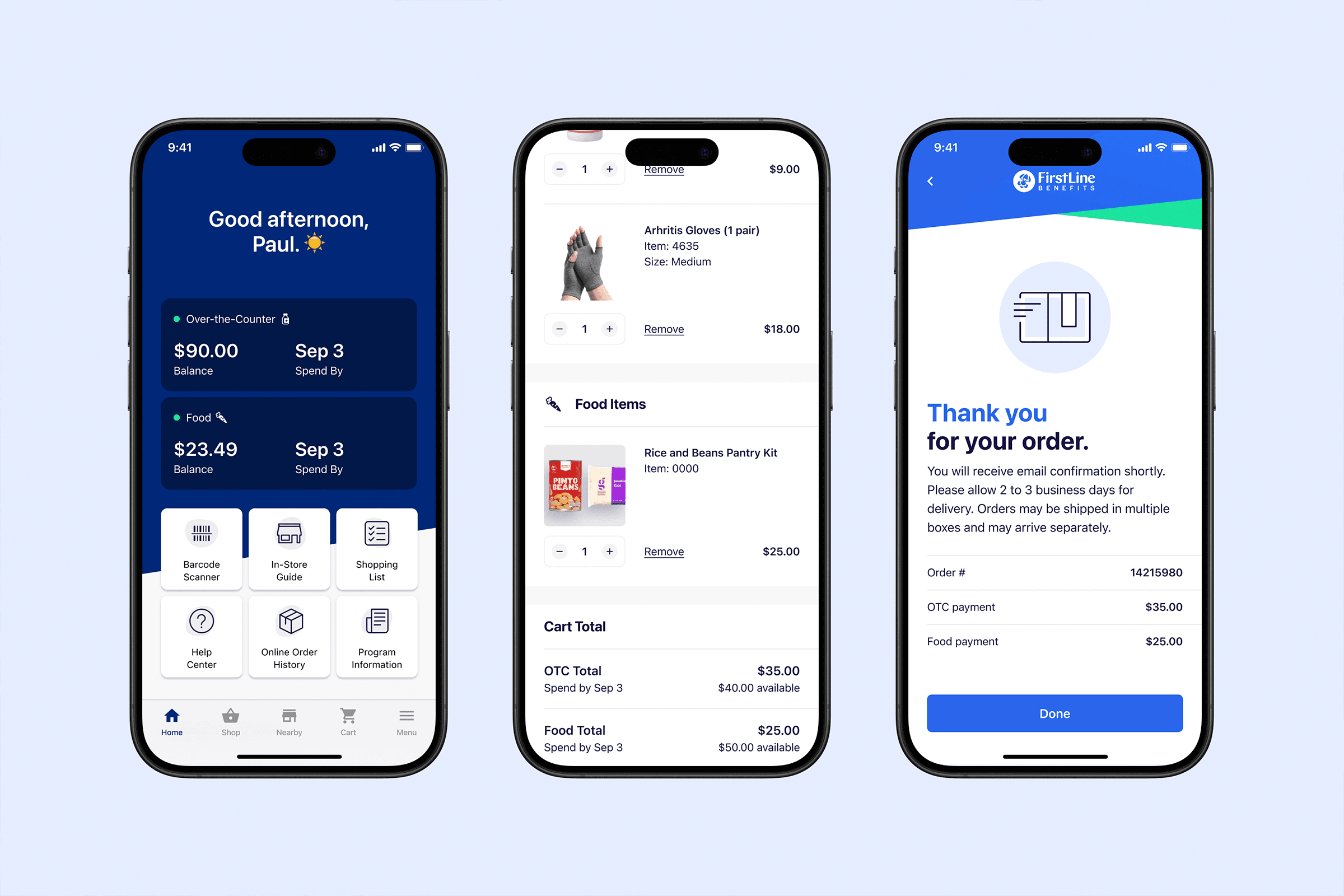 Three app screens showing the FirstLine Benefits app experience. Includes home page, cart, and order confirmation screen.