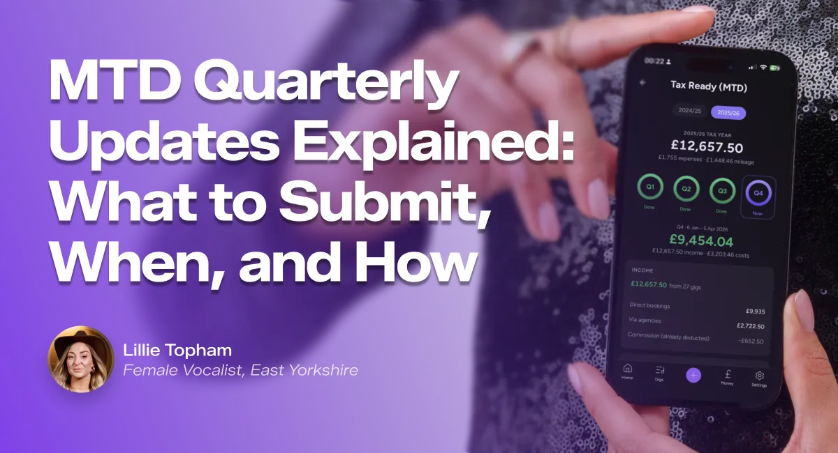 Gigflow app Tax Ready MTD screen showing quarterly update progress, income breakdown, and expenses for the 2025/26 tax year — hero image for MTD quarterly updates explained article