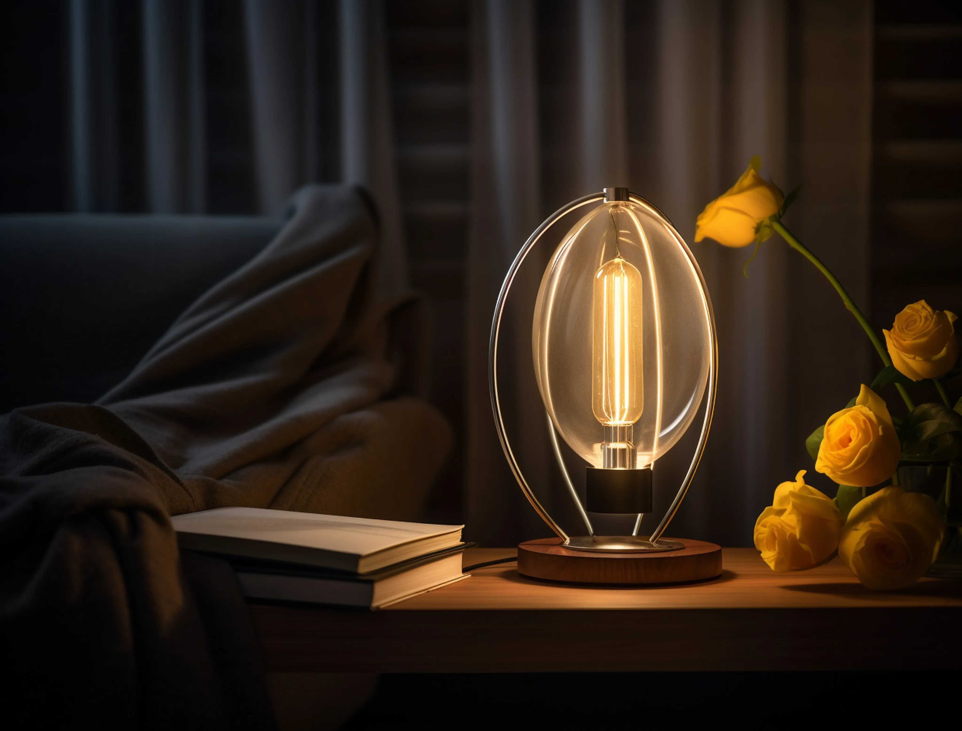 Cozy interior setting with string lights and warm decorative lighting near autumn foliage accents.