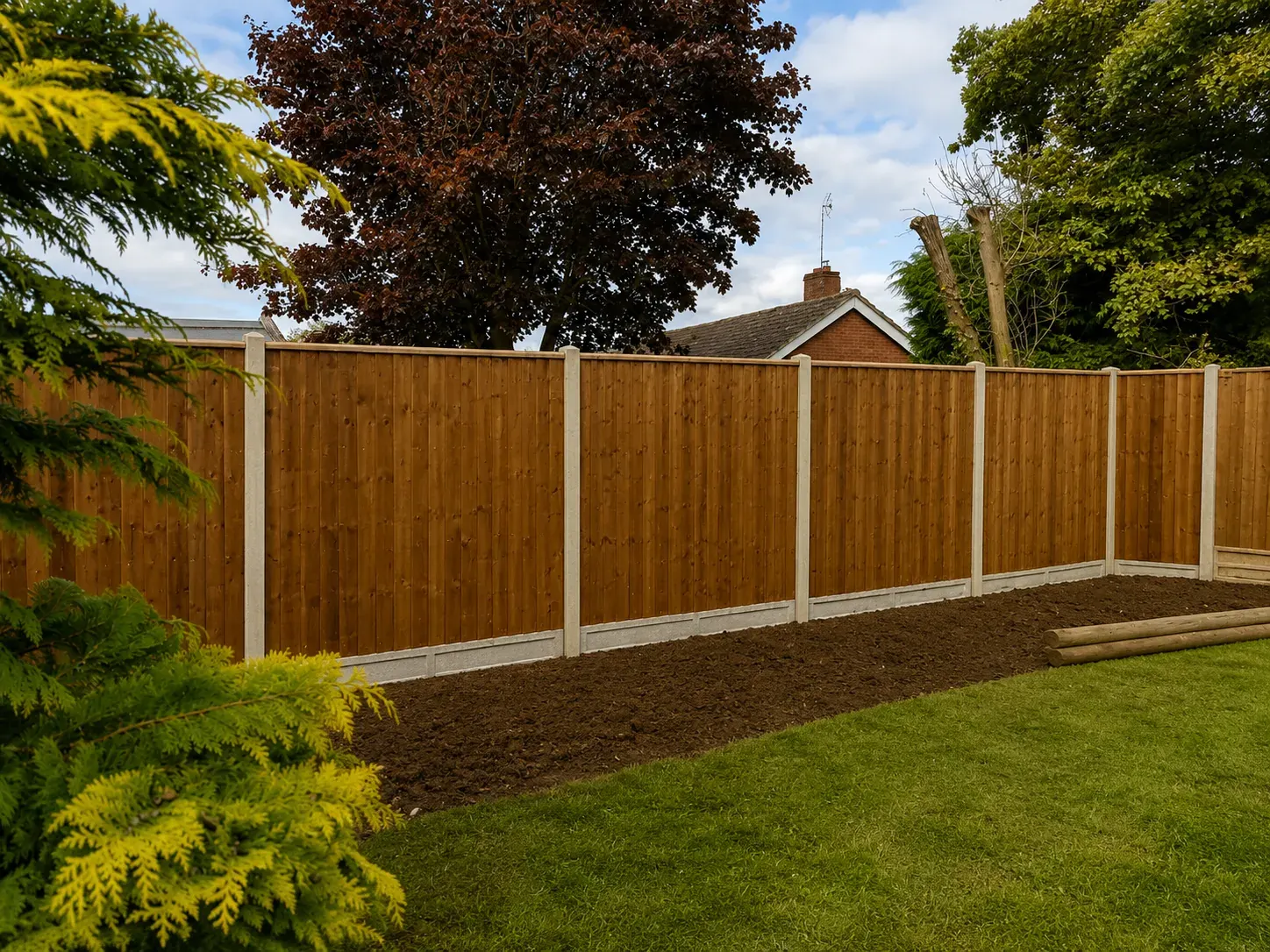 Closeboard fence on concrete posts in a Norfolk garden
