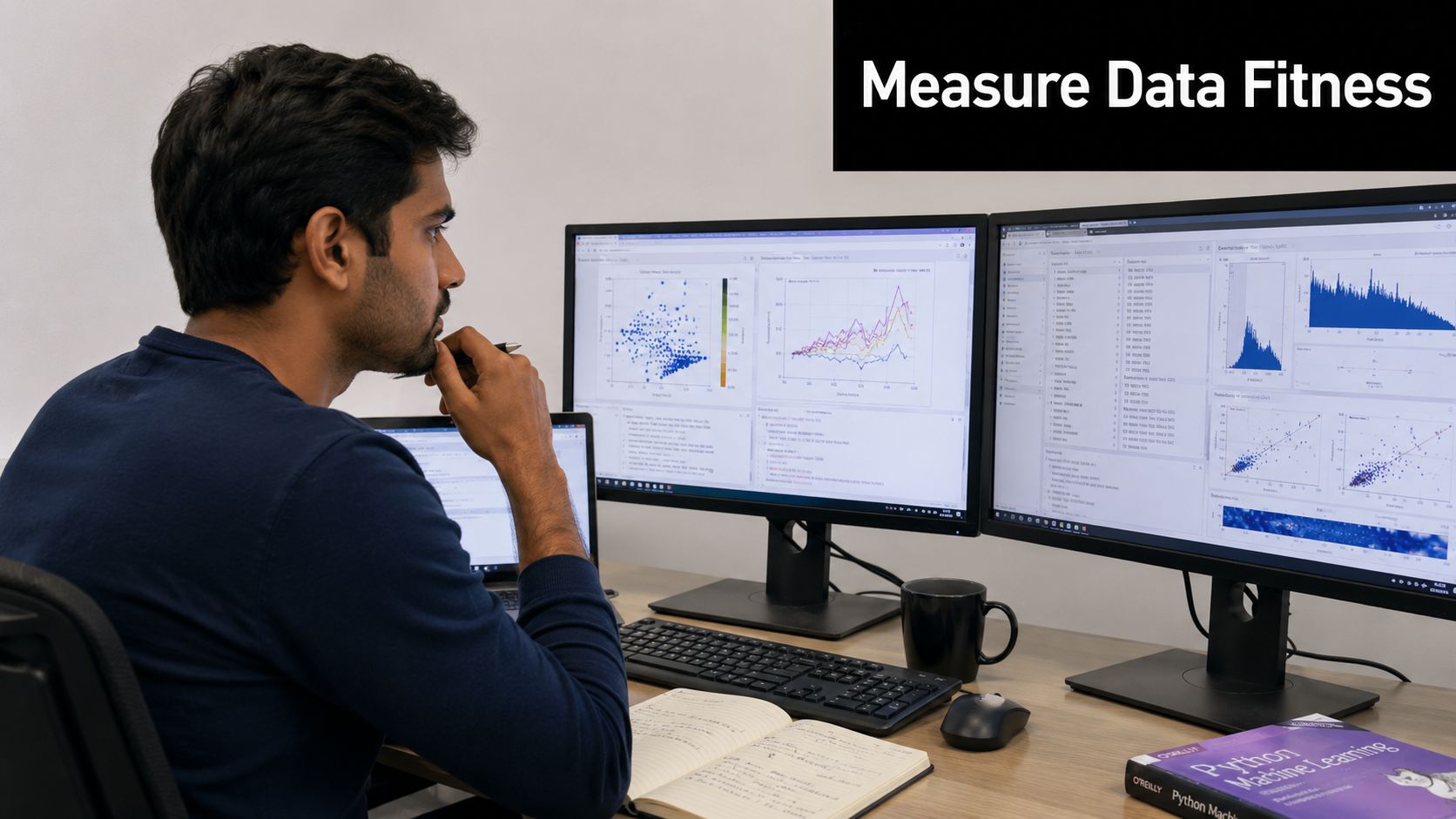 A data scientist reviews complex data visualizations and machine learning models on multiple computer monitors at his desk.