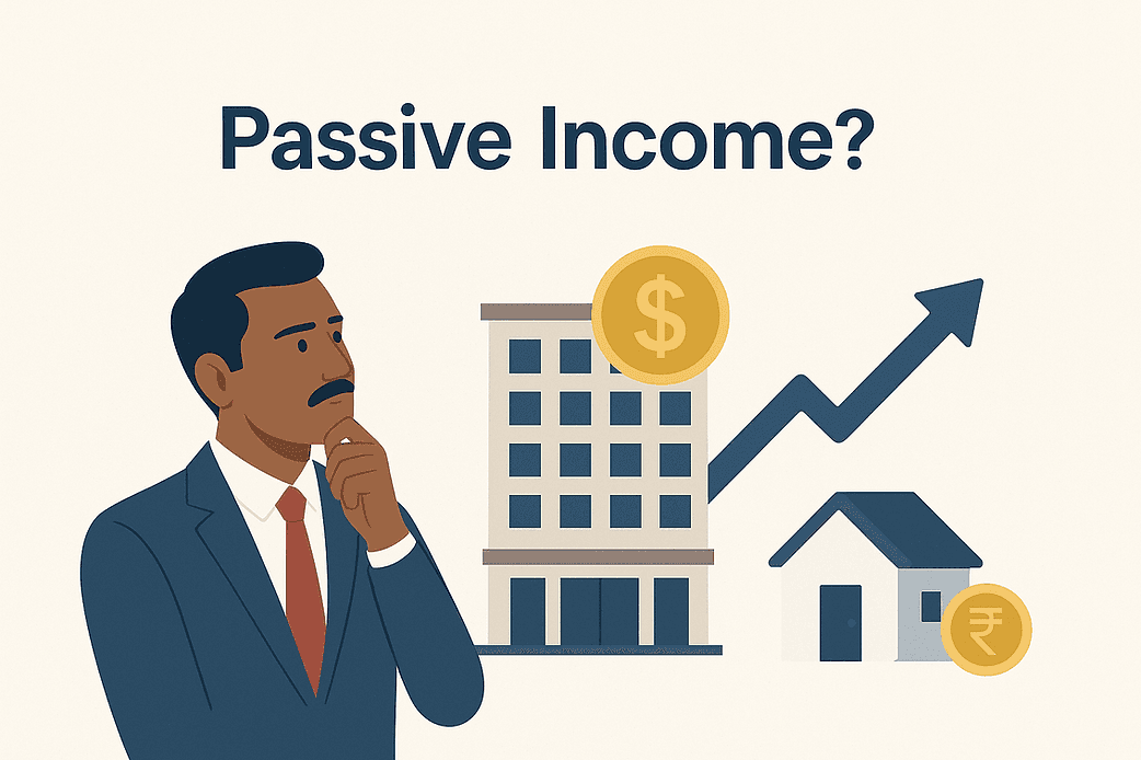 Man in suit ponders "Passive Income?" with icons of buildings, coins, and upward arrow. Represents investment growth and financial ideas.
