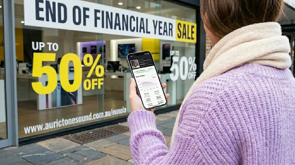 A shopper checks the Whisprice app on her phone outside an End of Financial Year sale store window showing up to 50% off