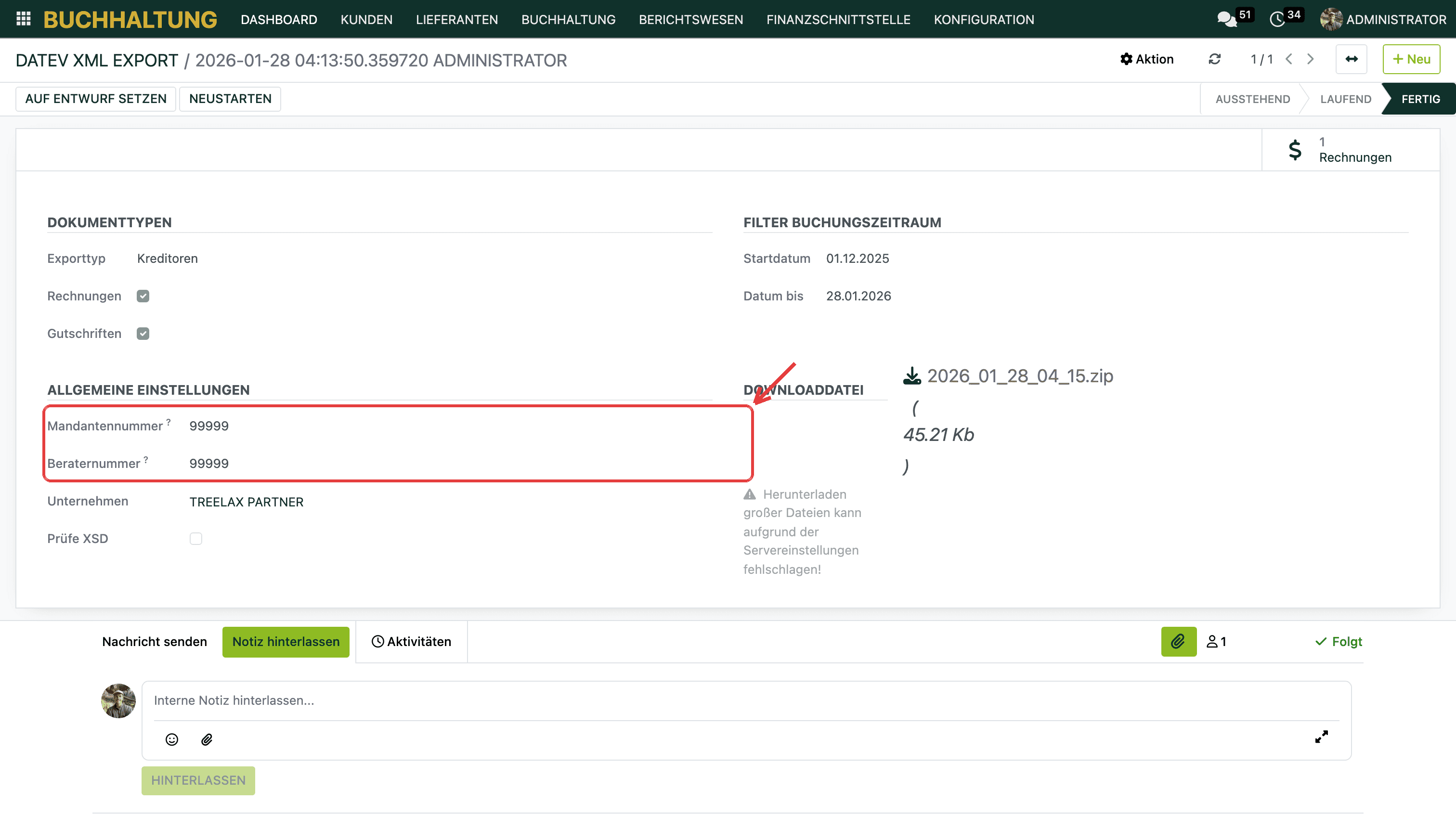 Danach stehen Berater- und Mandantennummer in jedem DATEV-Export unter „Allgemeine Einstellungen“.
