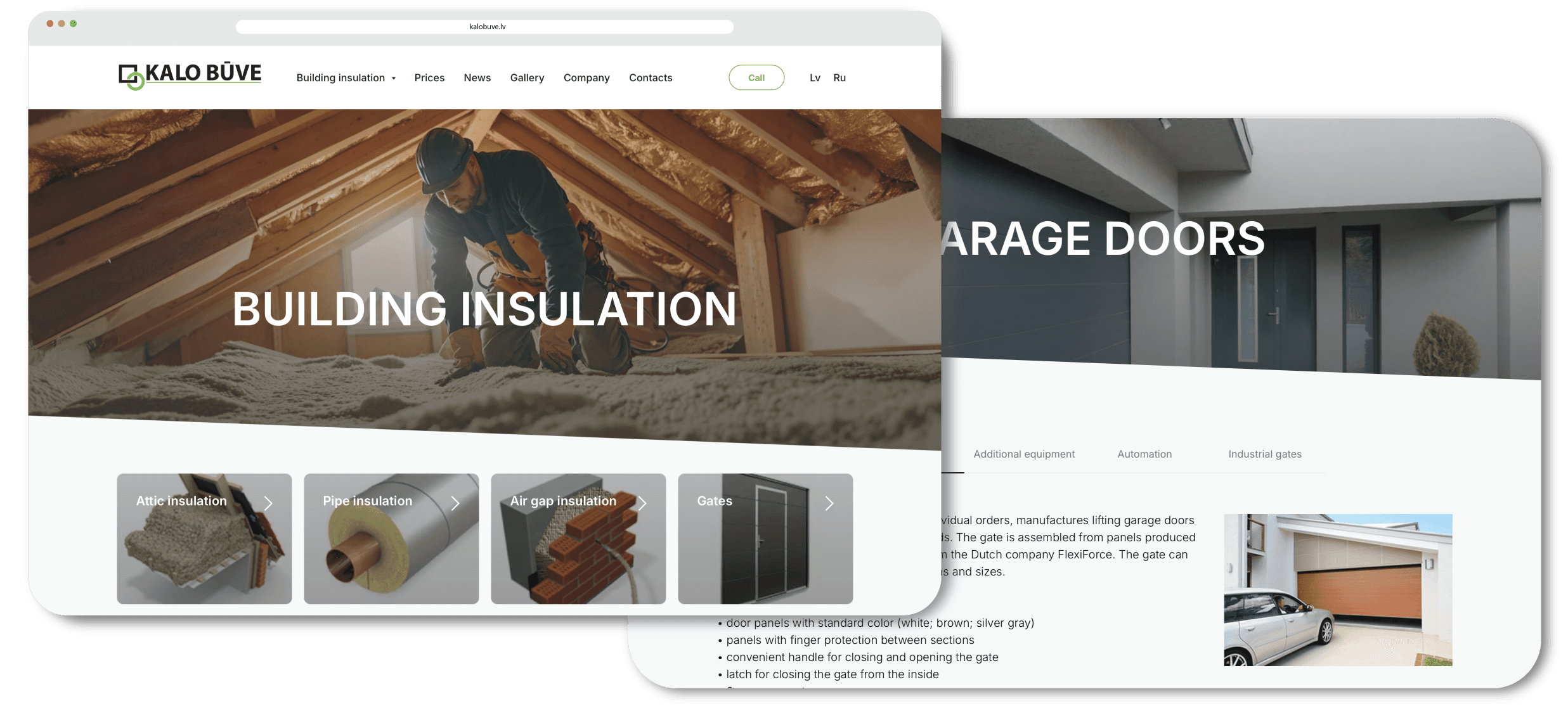 Kalo Būve building insulation and garage doors website desktop view
