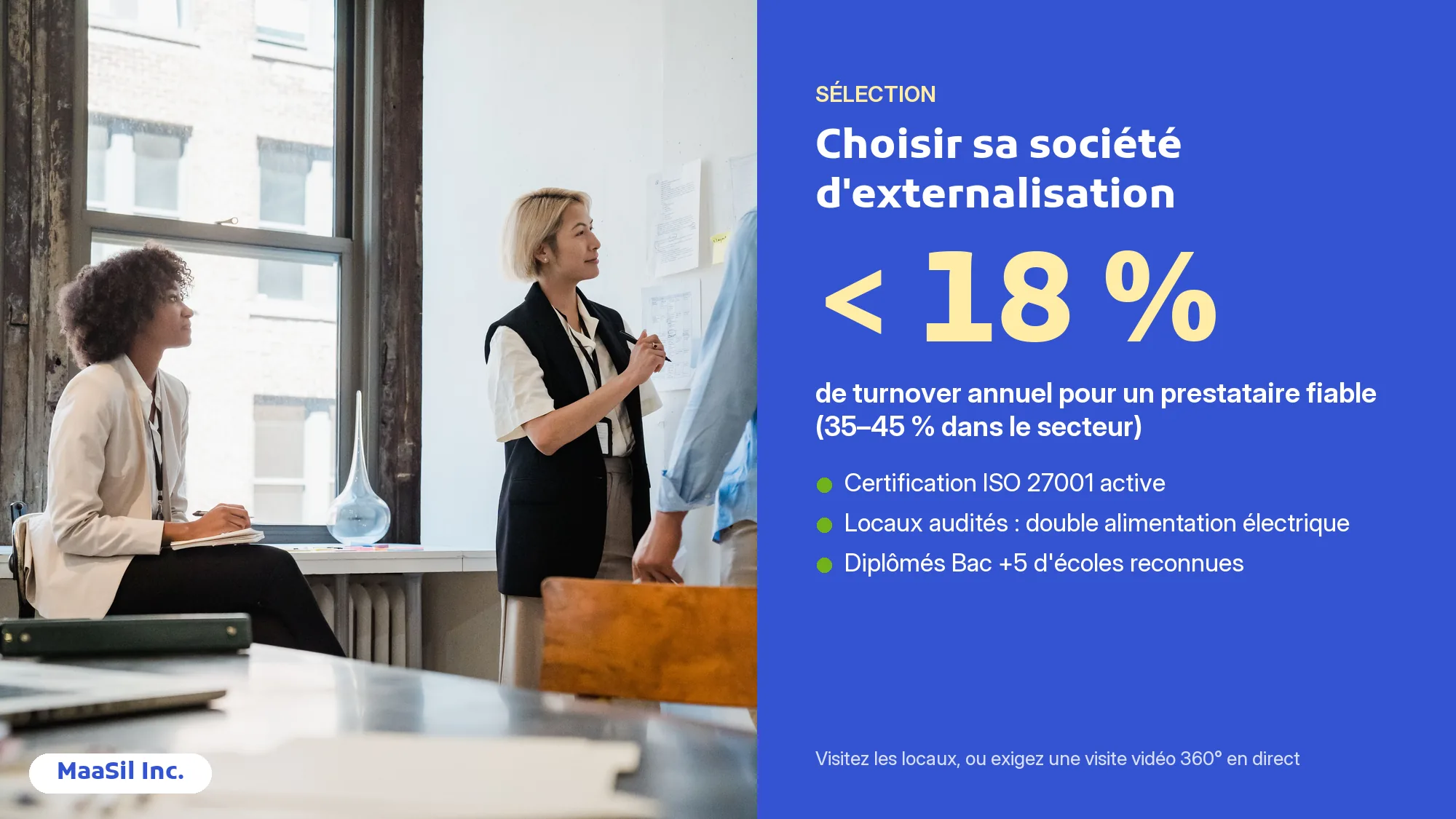 Infographie des critères de sélection d'une société d'externalisation à Madagascar : turnover inférieur à 18 % et ISO 27001