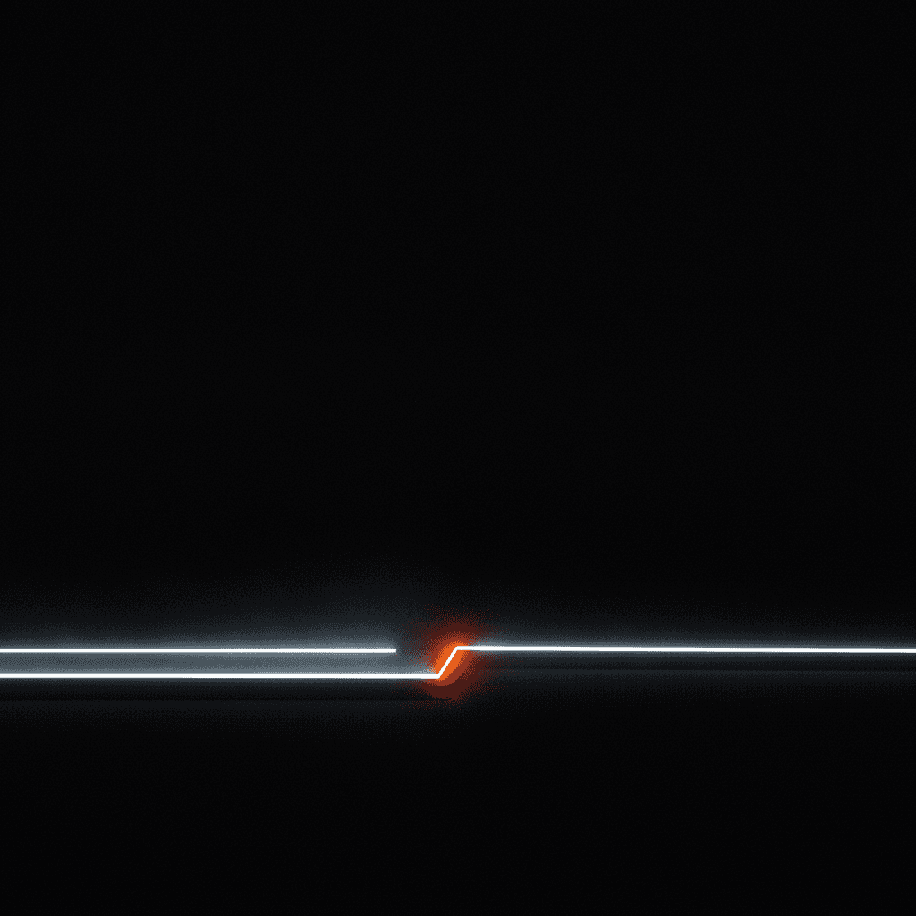 Two parallel light paths on black, one diverging upward at a single orange break point