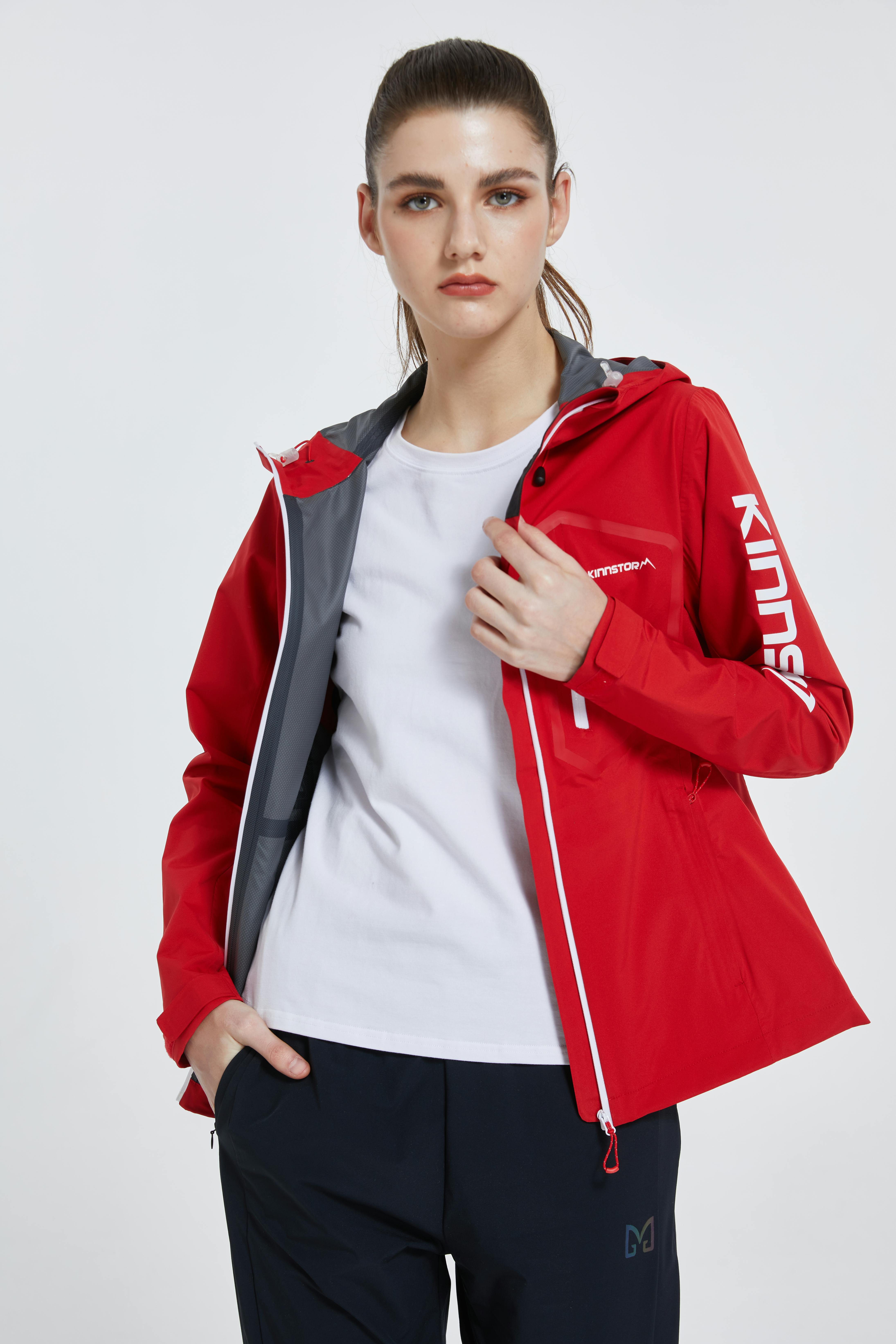 Female model styling a red jacket