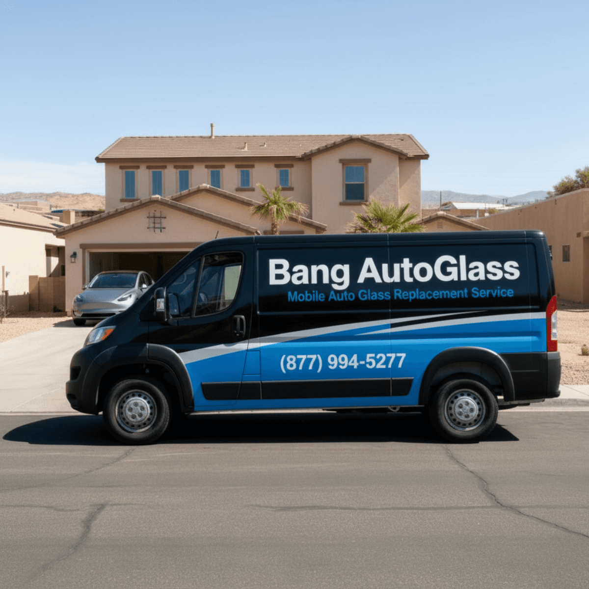 Bang AutoGlass van lined up outside a Goodyear, AZ palm tree-lined home for a walk-up windshield replacement