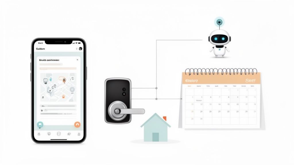 A smartphone app, smart lock, calendar, and robot illustrate smart home automation and property management.