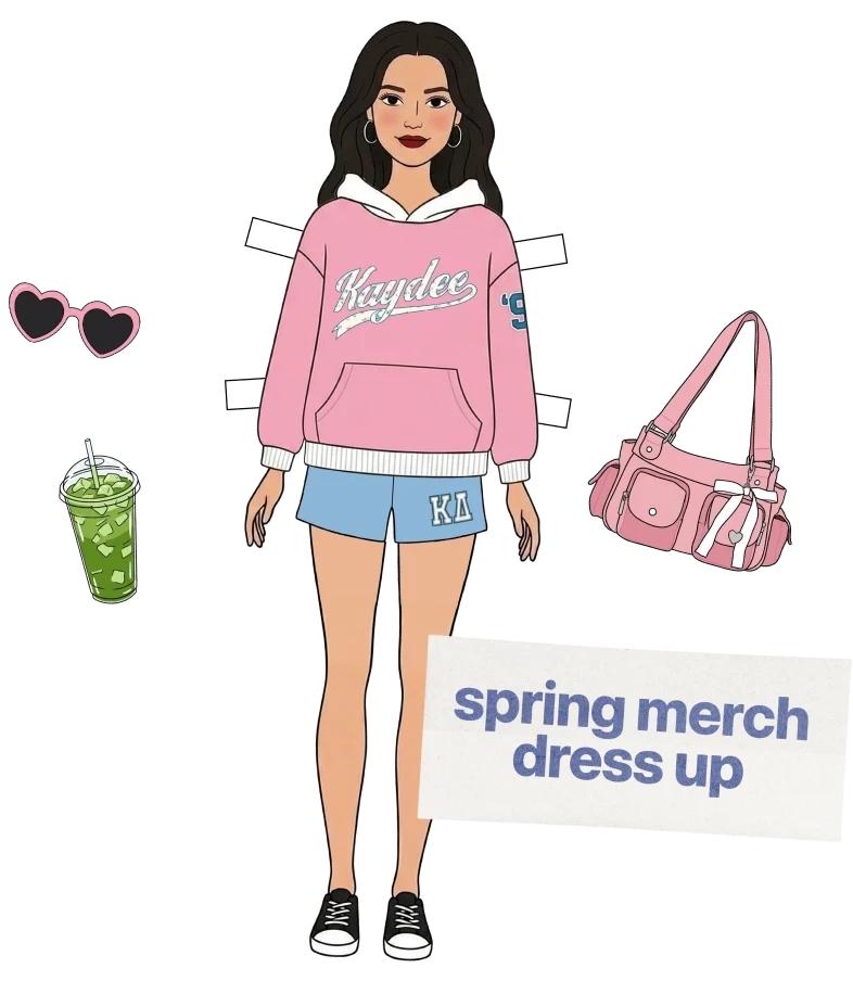 Illustration of a character wearing a pink “Kaydee” hoodie and blue shorts, with accessories (sunglasses, iced matcha, pink bag) and text “spring merch dress up.”