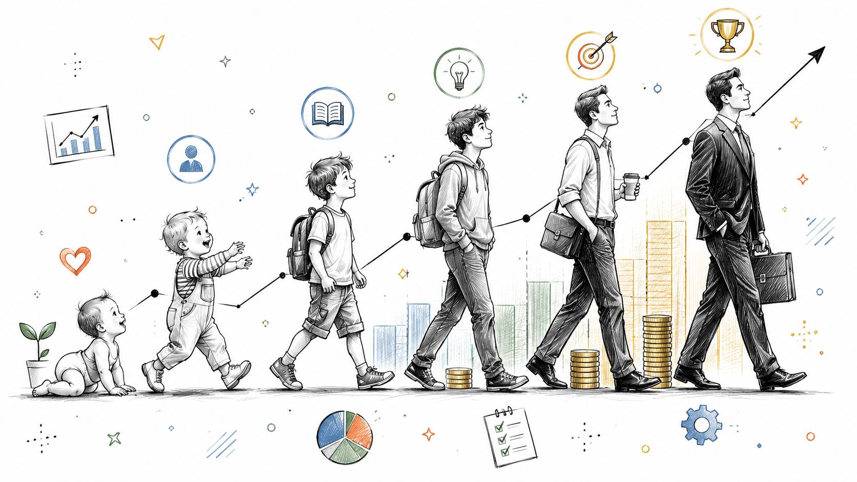 A pencil sketch illustration showing the stages of human life progression alongside business growth and success symbols.