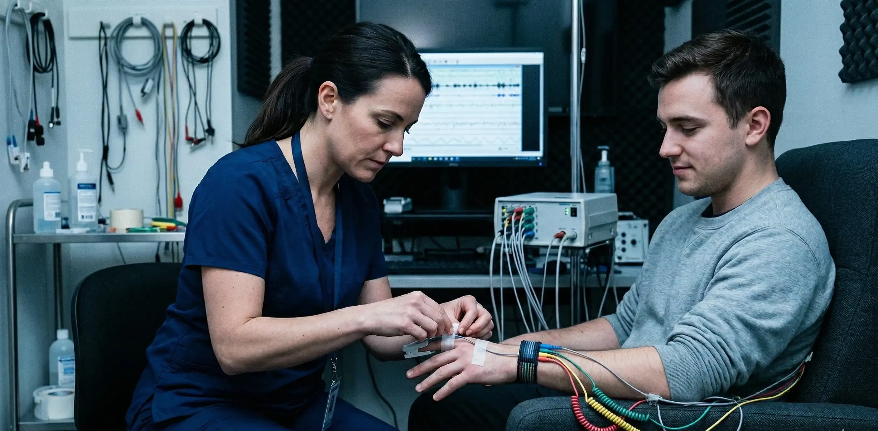 臨床醫生正在為男性患者設置傳感器以測量關鍵生物標誌物。