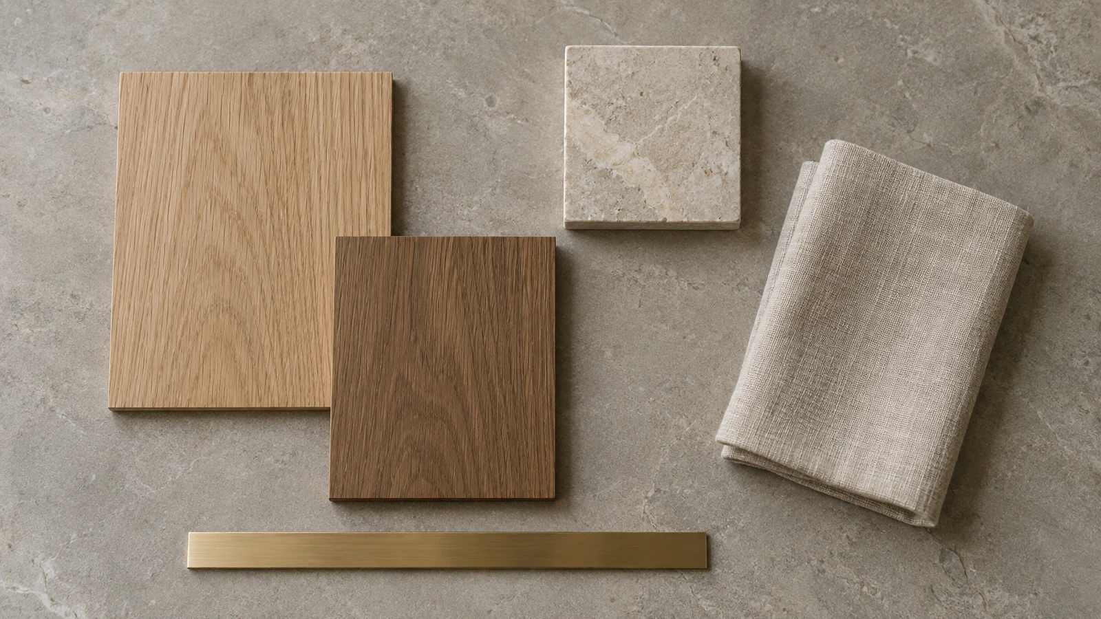 Vzorník materiálů a povrchových úprav — dřevo, kámen, textil, kov