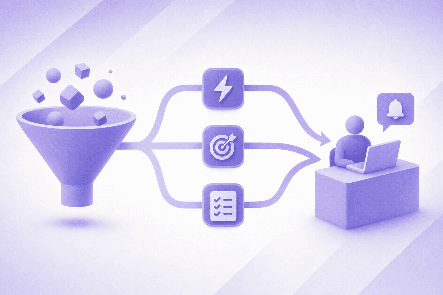 A clean, modern diagram showing a B2B lead routing workflow: a funnel icon on the left feeding into three branching paths labeled with icons representing speed (lightning bolt), accuracy (target/bullseye), and accountability (checklist), all converging into a sales rep at a desk receiving a notification on a laptop, connected by smooth flowing arrows, flat design style, blue and green color palette, white background
