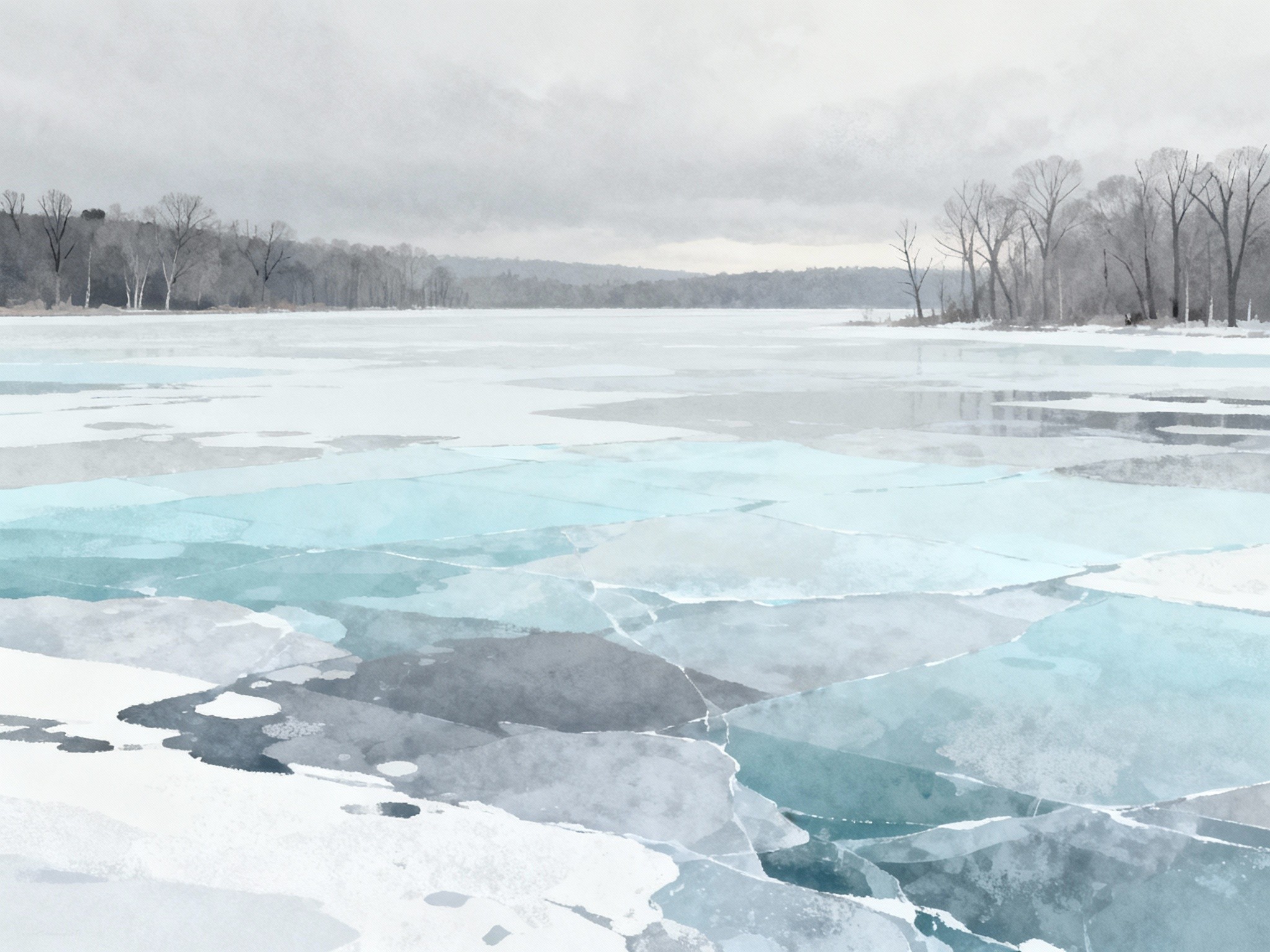 A fine-art illustration depicting a minimalist frozen lake landscape under an overcast sky at