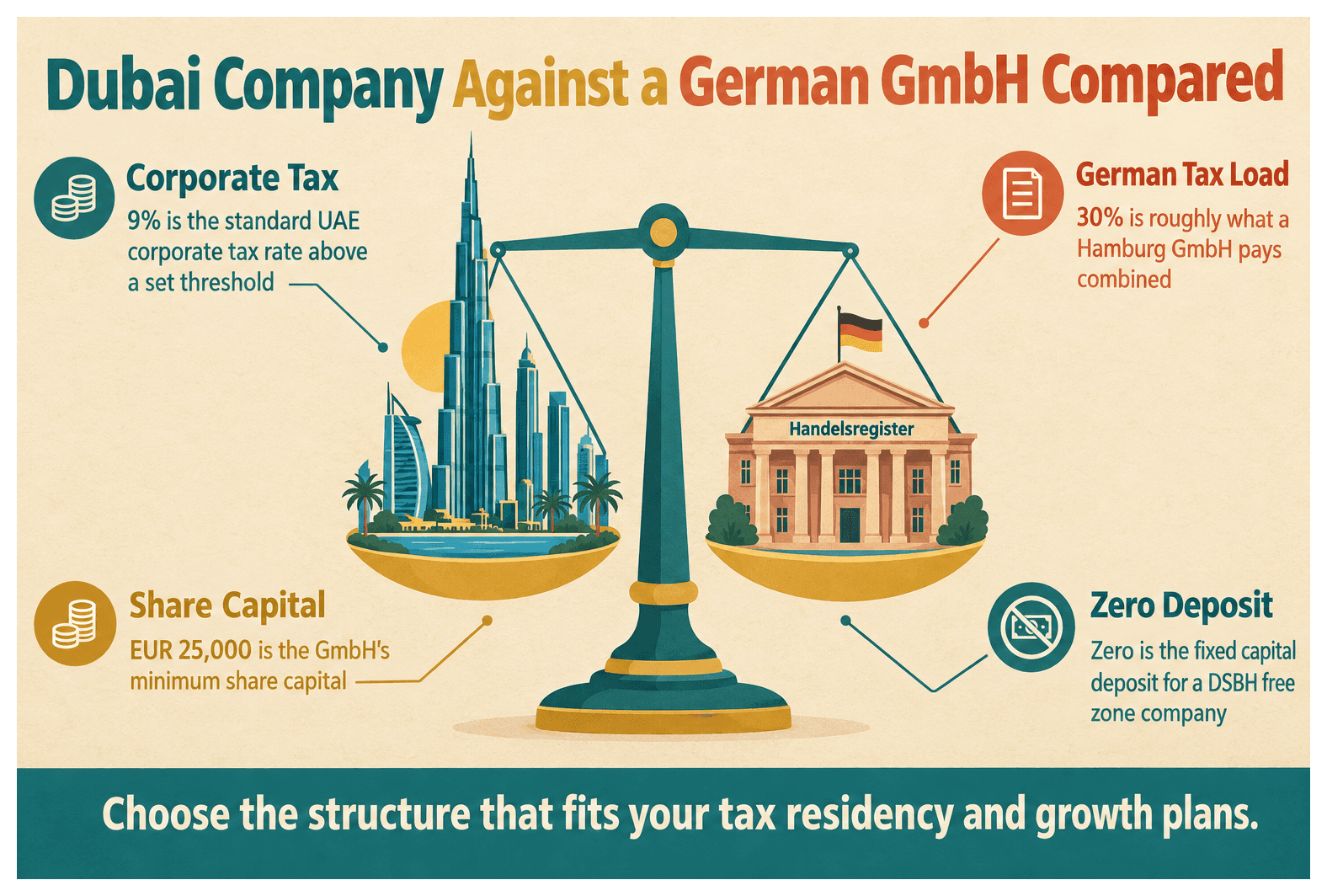 Infographic: Dubai Company Against a German GmbH: Cost, Tax and Reporting Compared