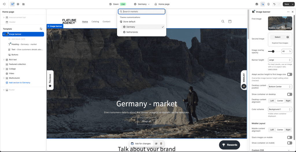 Shopify-Theme-Editor mit ausgewähltem Markt Deutschland und einem marktspezifischen Hero-Banner