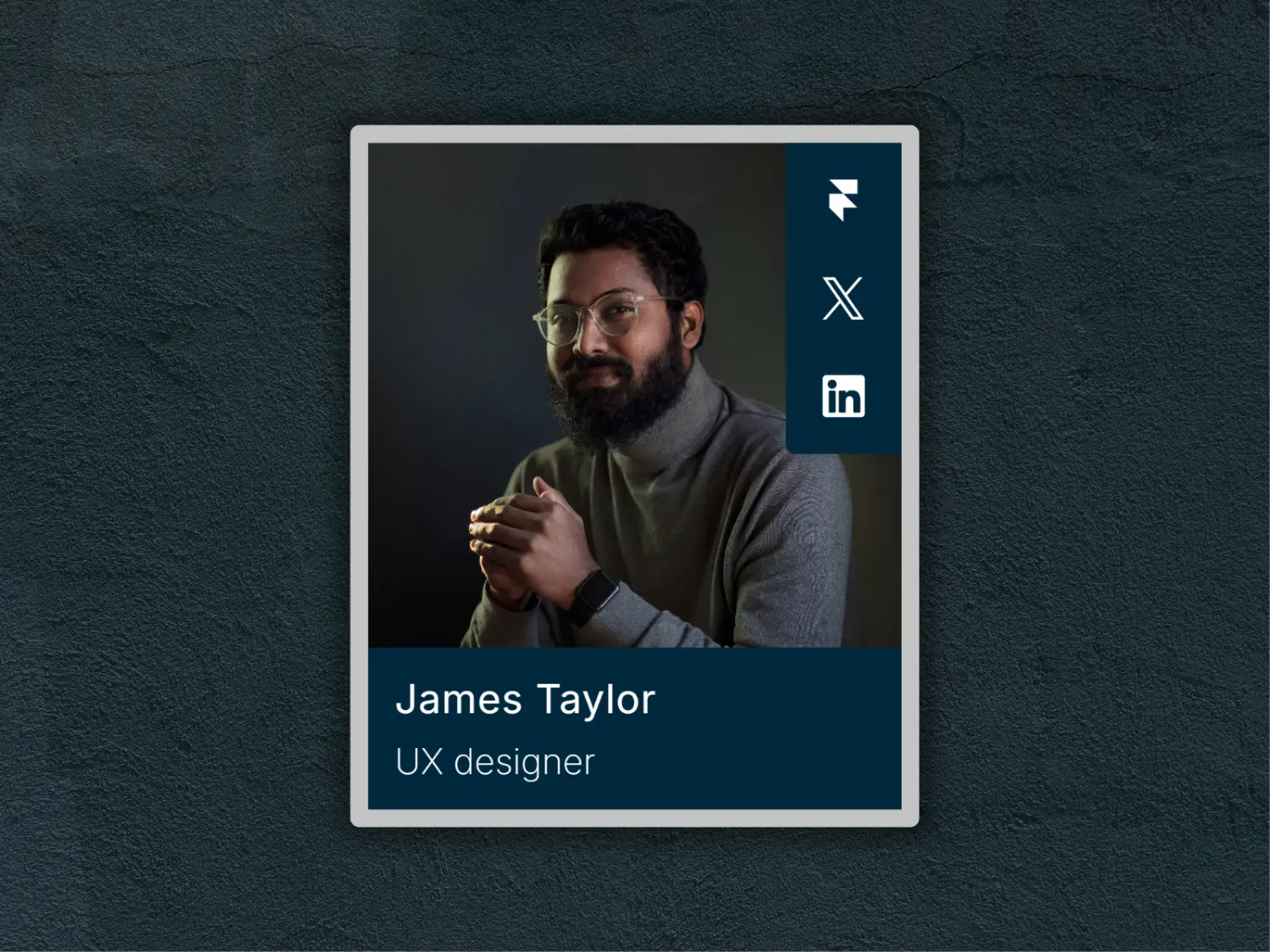 Profile card of James Taylor, UX designer, with social media icons for Framer, X (Twitter), and LinkedIn.