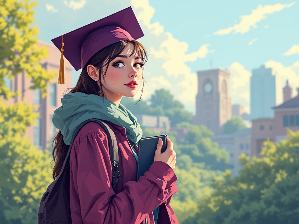 A young woman in a graduation cap and gown holds a book, standing outdoors on a college campus.