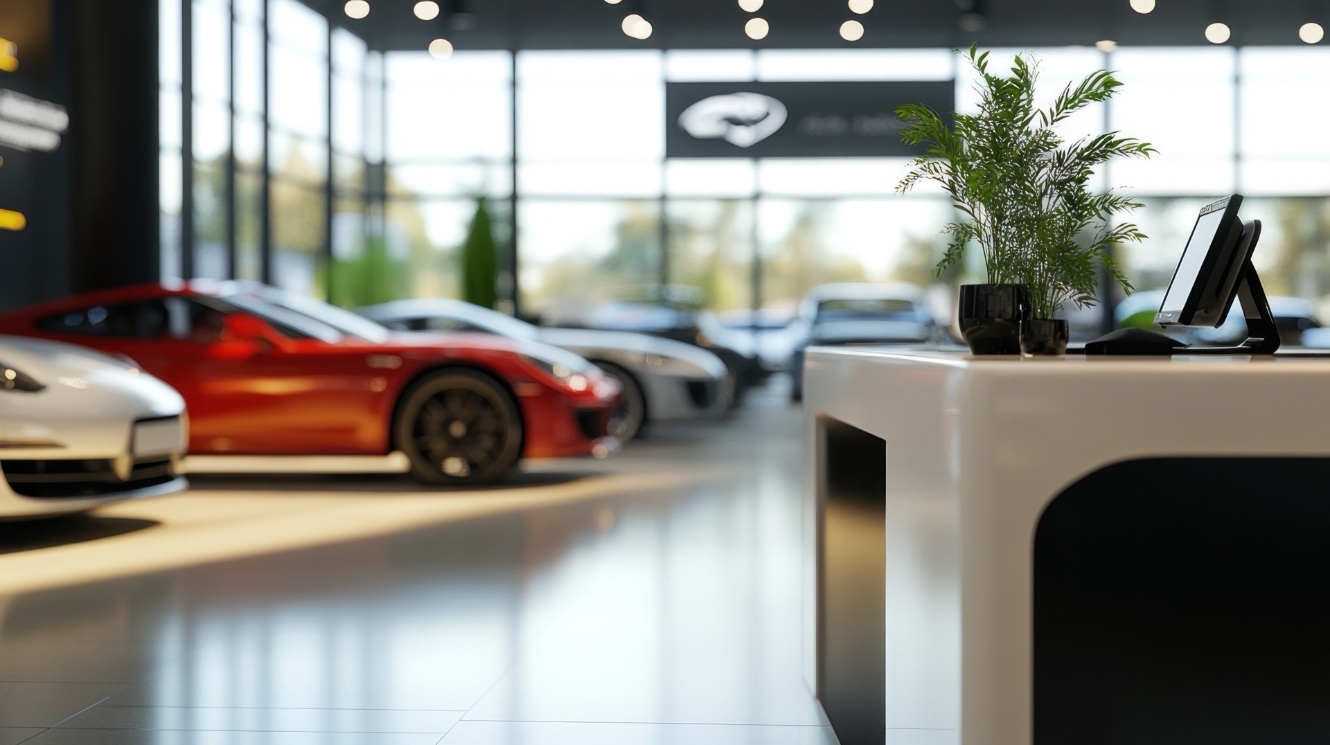 Showroom reception desk with a red sports car and other vehicles behind it