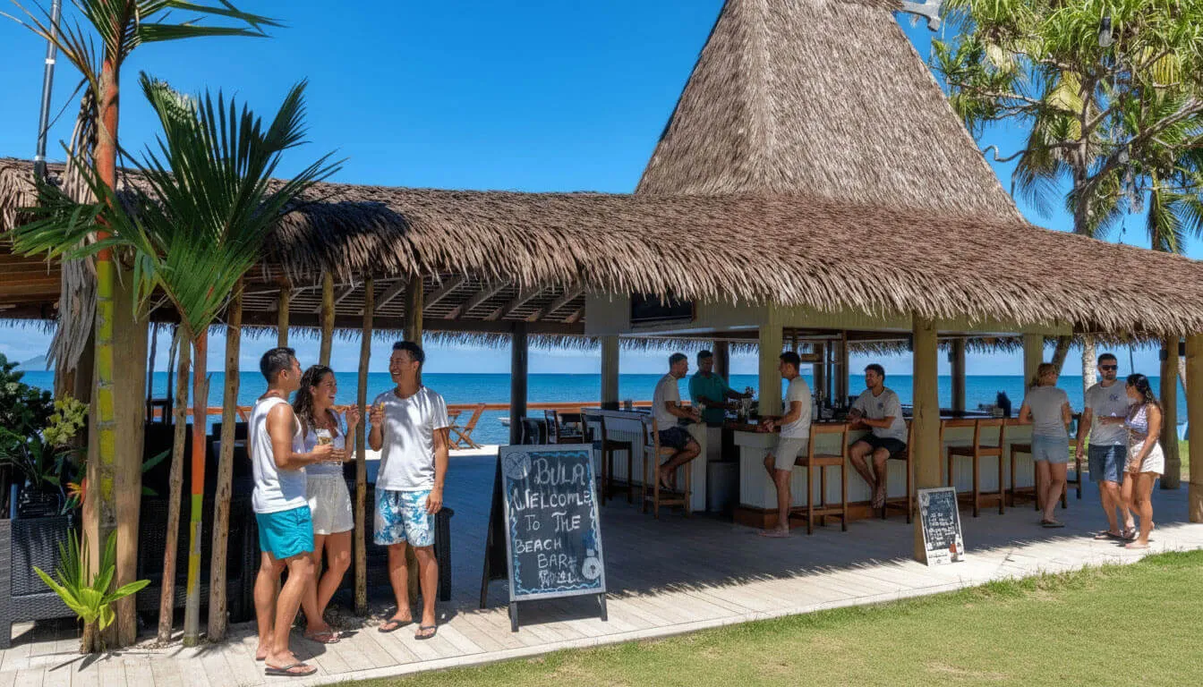 Uprising Beach Resort guests relaxing at a beachfront bar with a thatched roof
overlooking the ocean under blue skies
